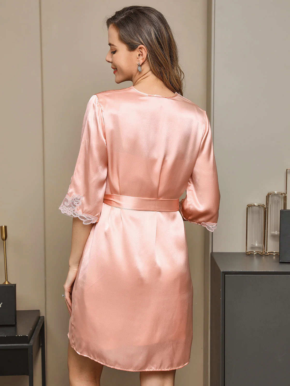 Clearance - 100% Mulberry Silk V Neck Short Nightgown & Robe Set with Lace Design - Image 2