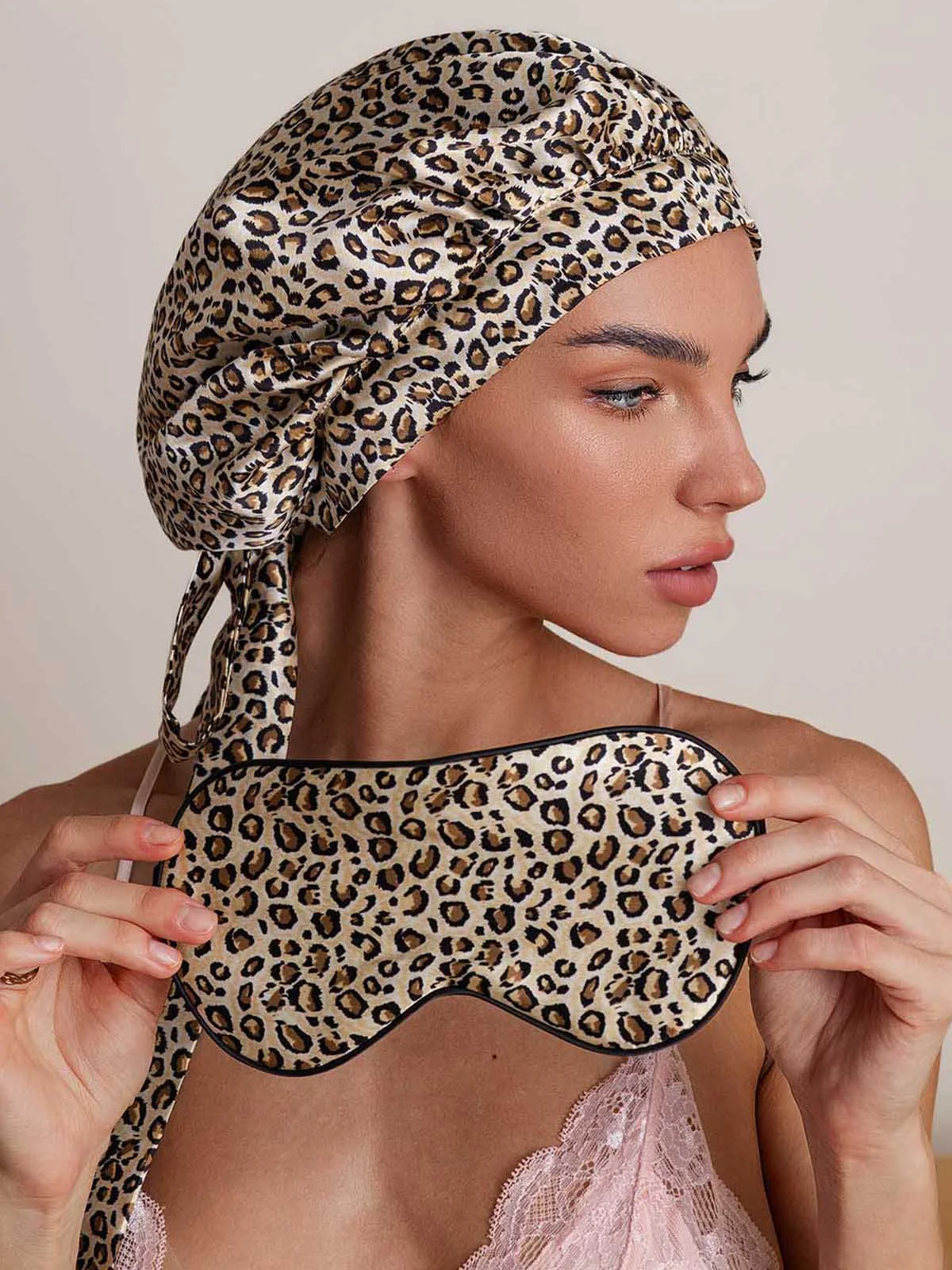 100% Mulberry Silk Leopard Pattern Bonnet+Eye Mask Set - Image 5