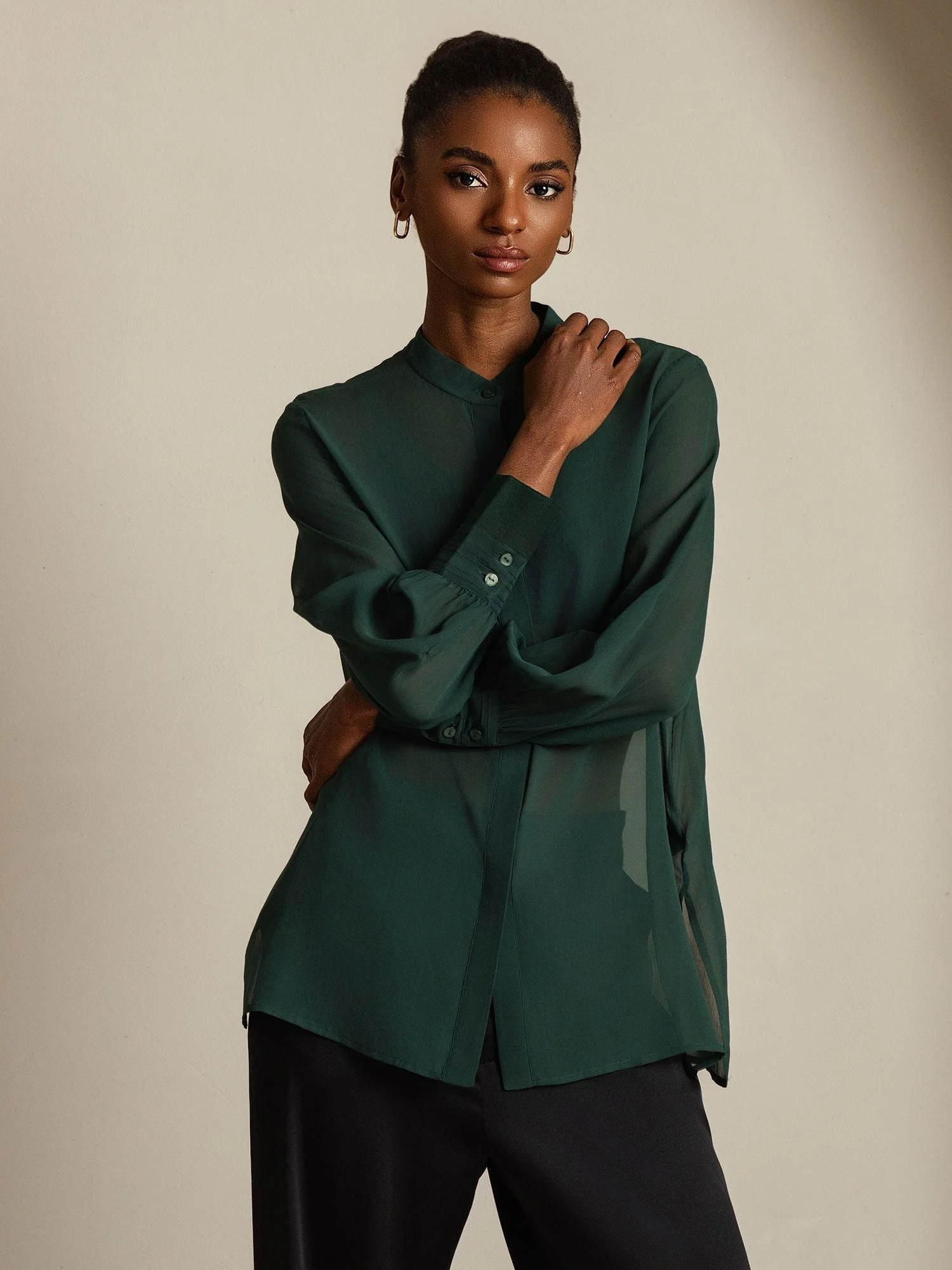 100% Mulberry Silk Long Sleeve Split Sheer Blouse - Image 11