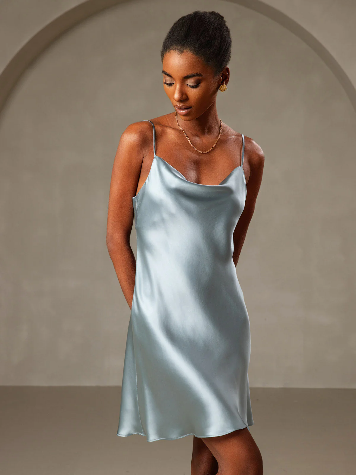 100% Mulberry Silk Spaghetti Strap Cowl Neck Short Dress - Image 12