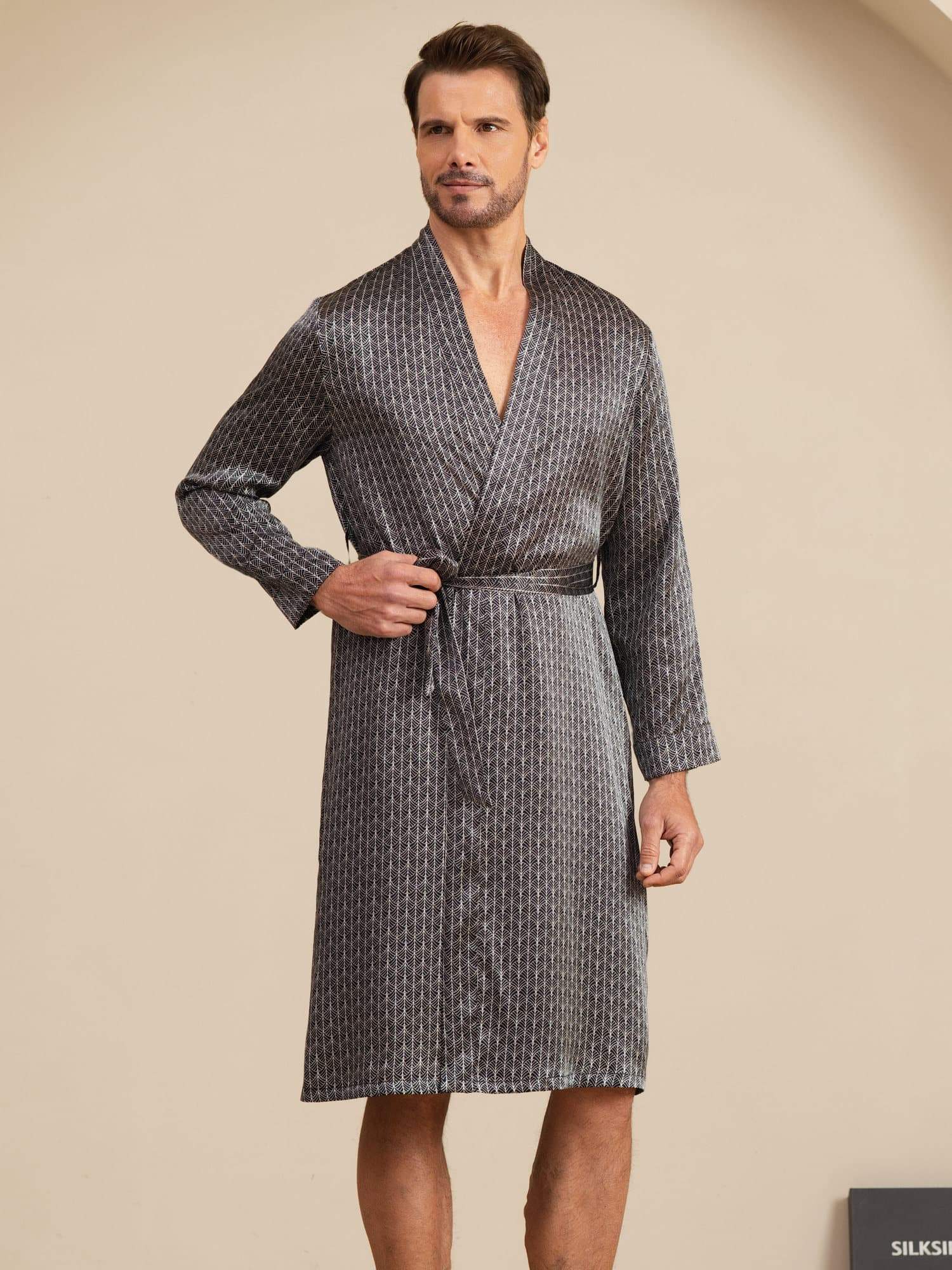 100% Mulberry Silk Men’s Knee Length Ginkgo Printed Robe With Belted Design - Image 7