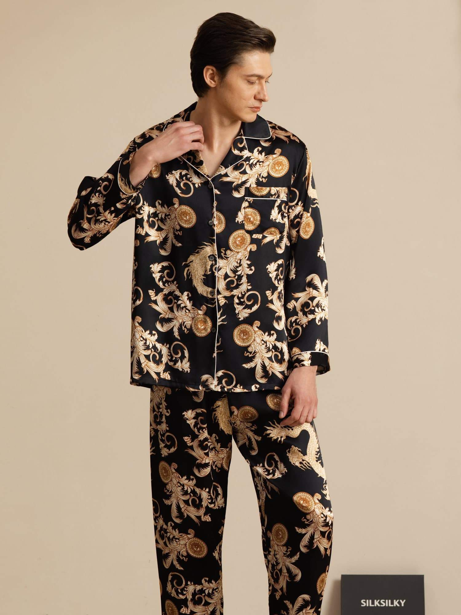100% Mulberry Silk Men's Dragon Print  Long Sleeve Notch Collar Pajamas Set - Image 11