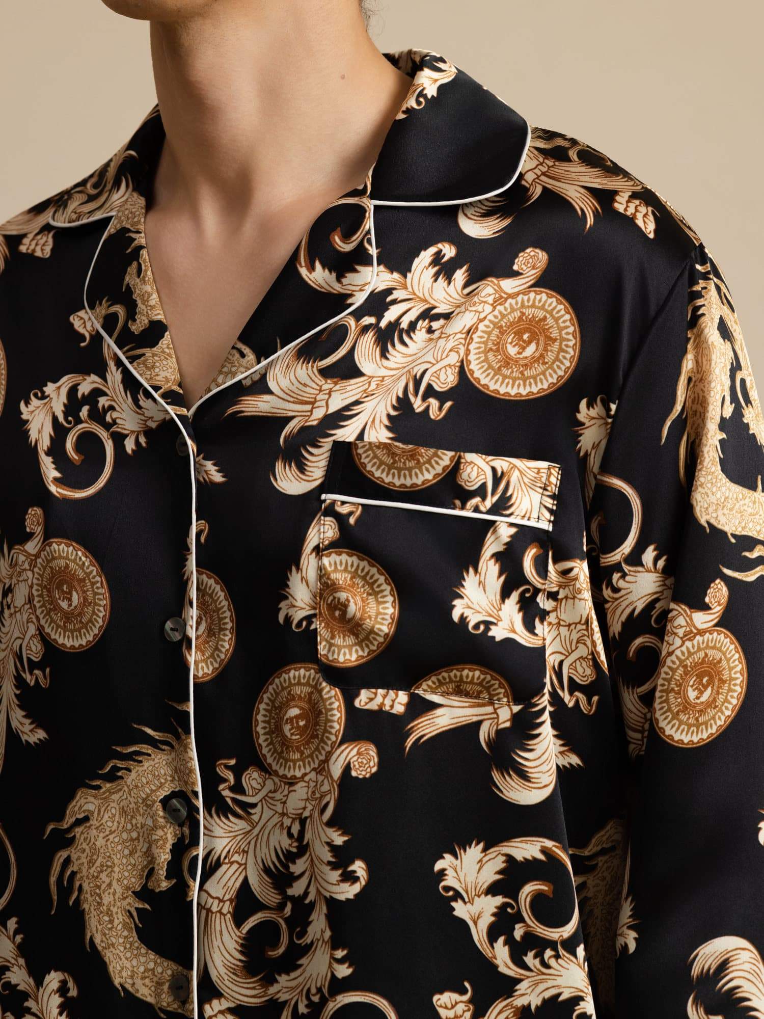 100% Mulberry Silk Men's Dragon Print  Long Sleeve Notch Collar Pajamas Set - Image 12