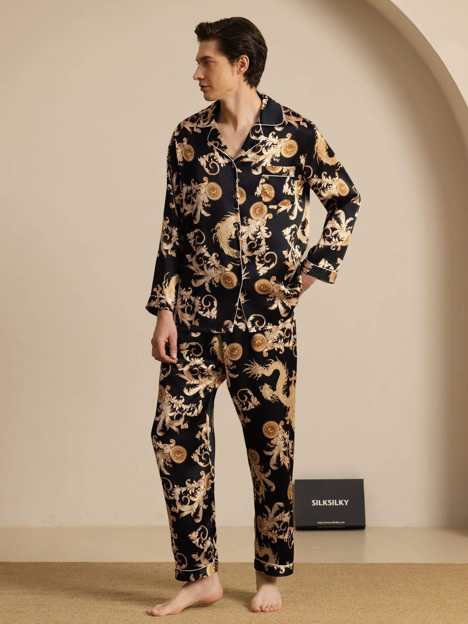 100% Mulberry Silk Men's Dragon Print  Long Sleeve Notch Collar Pajamas Set - Image 14
