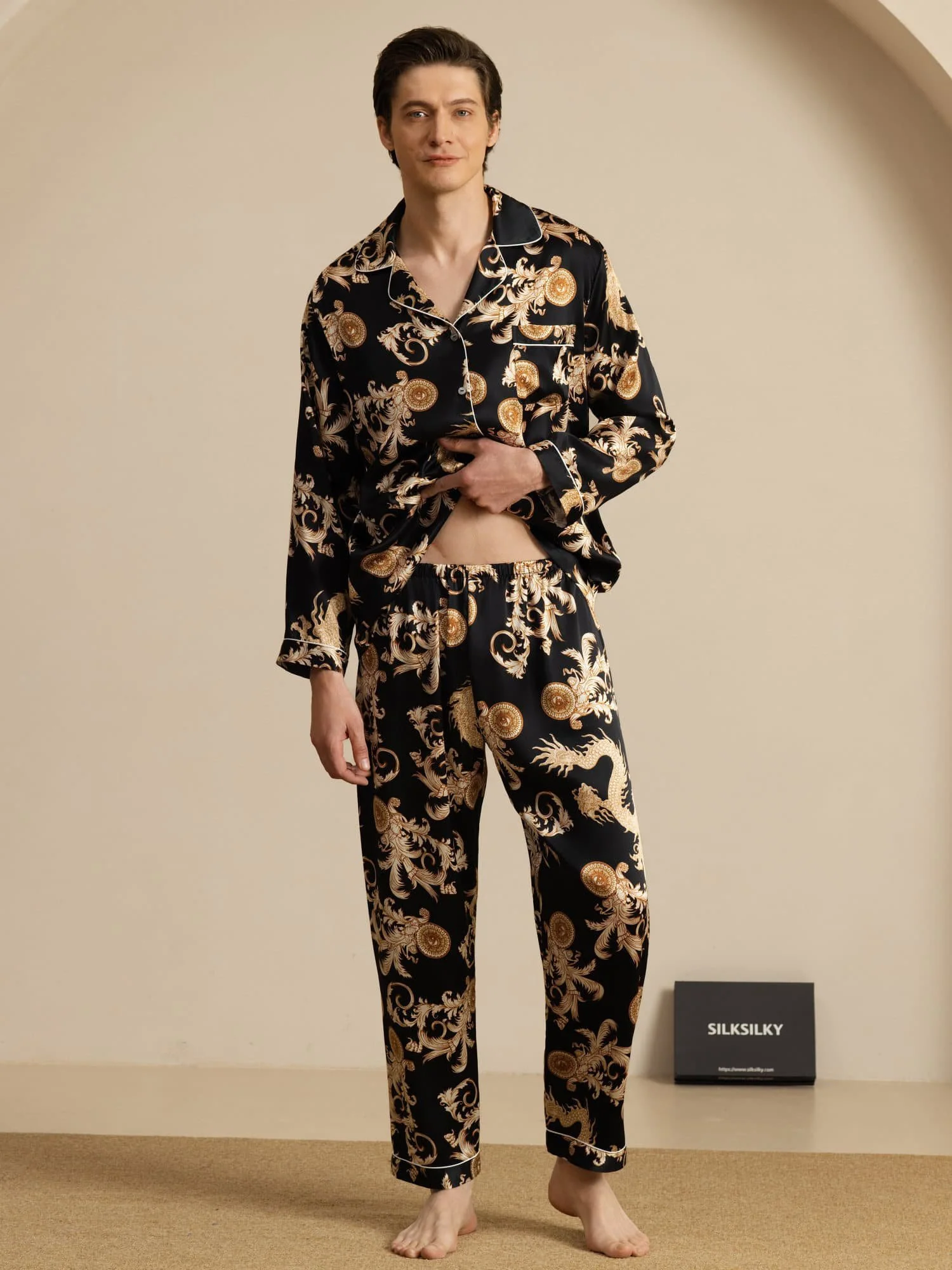 100% Mulberry Silk Men's Dragon Print  Long Sleeve Notch Collar Pajamas Set - Image 15