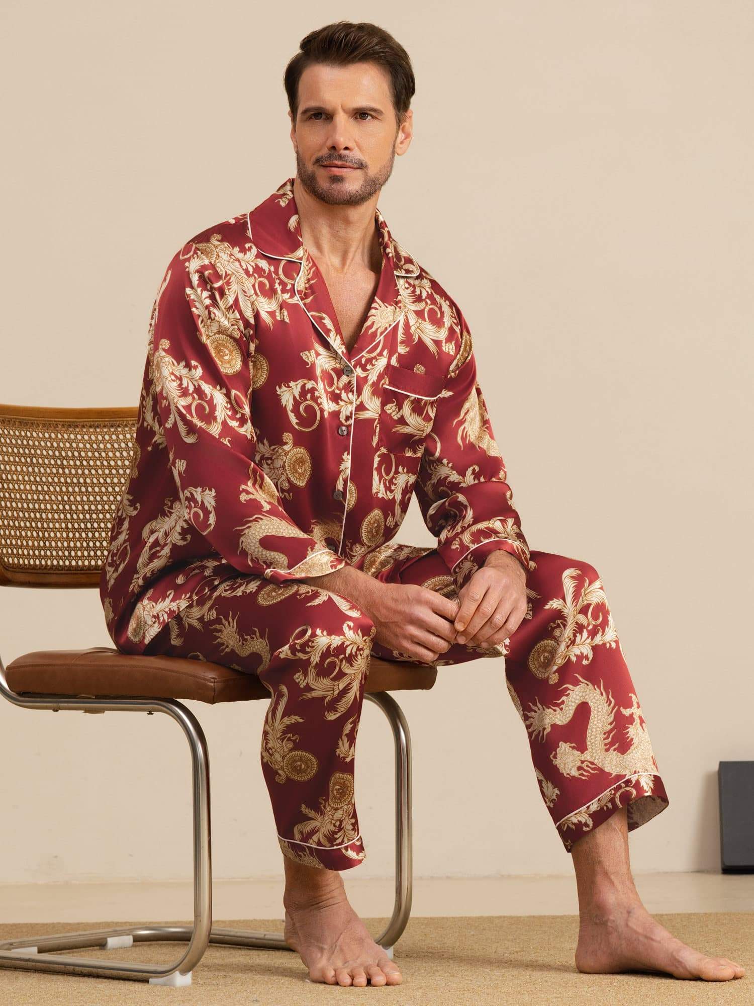 100% Mulberry Silk Men's Dragon Print  Long Sleeve Notch Collar Pajamas Set - Image 20