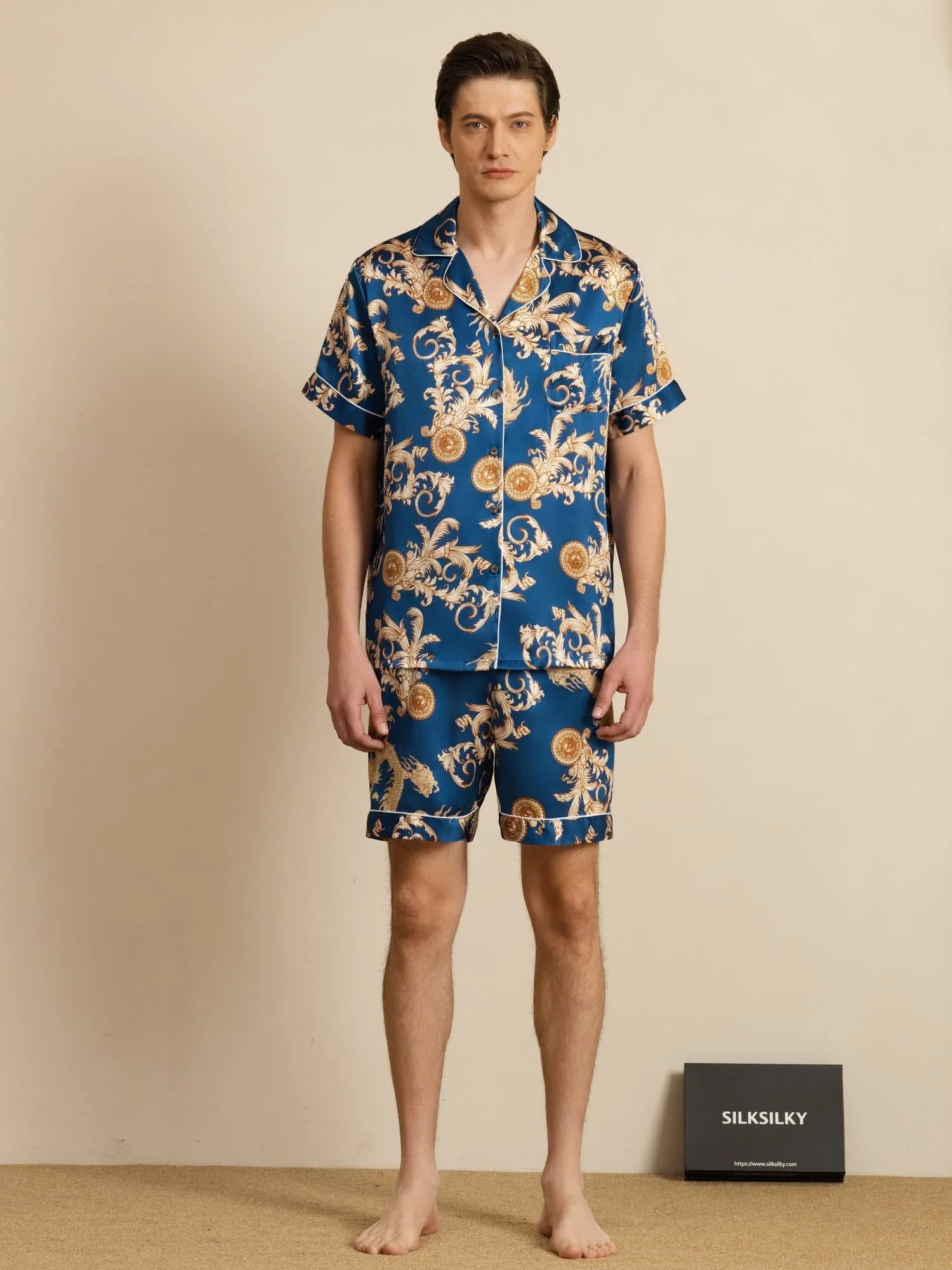 100% Mulberry Silk Men's Dragon Print  Short Sleeve Lapel Collar Pajamas Set - Image 17