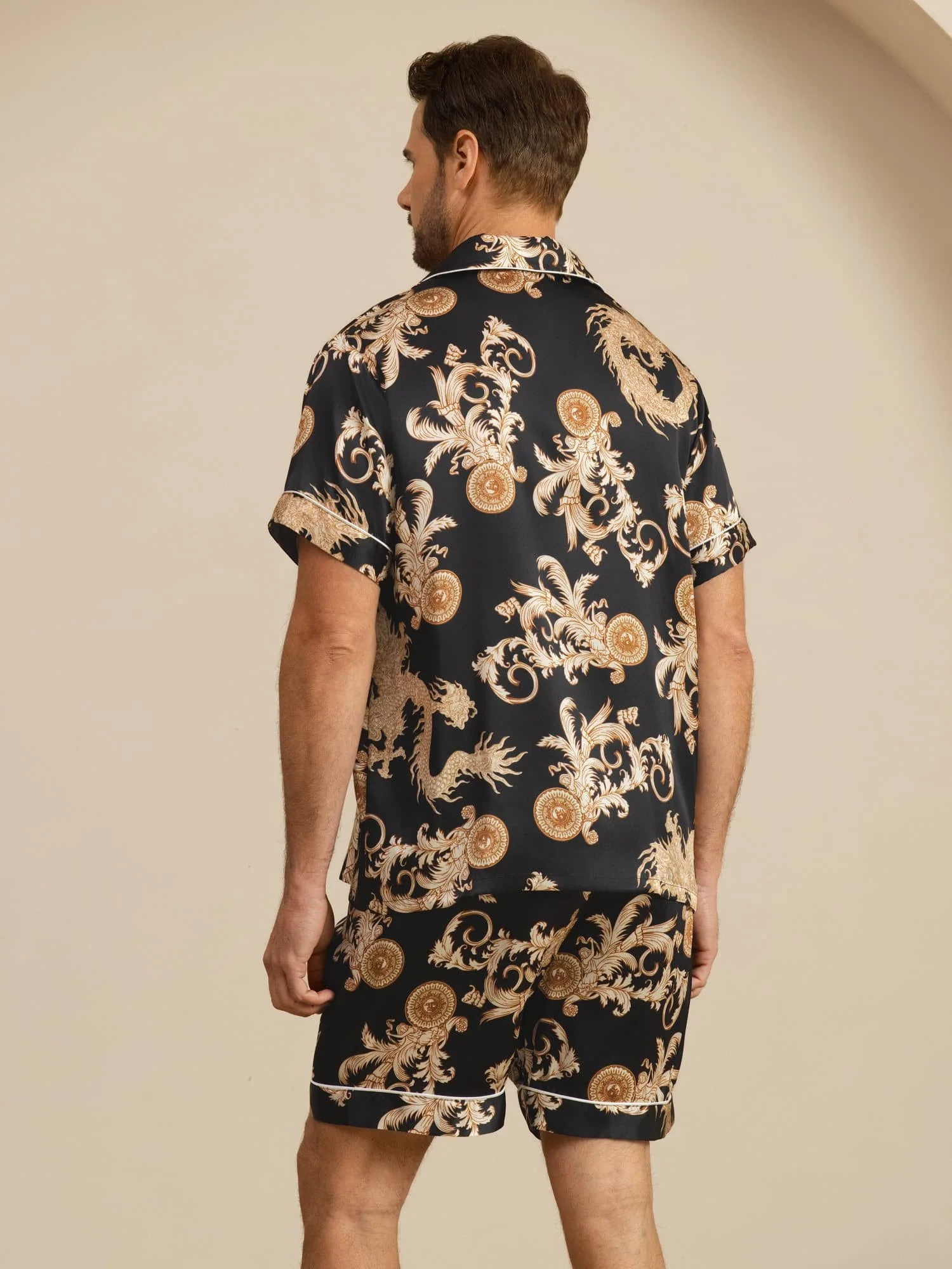 100% Mulberry Silk Men's Dragon Print  Short Sleeve Lapel Collar Pajamas Set - Image 2