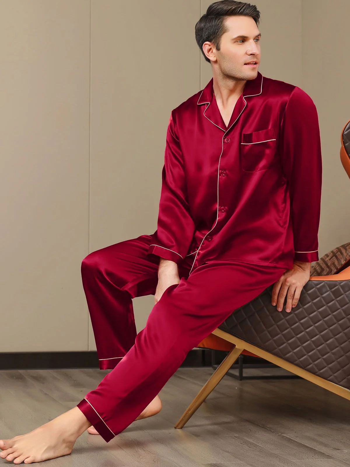 100% Mulberry Silk Long Sleeve Men's Pajamas Set - Image 10