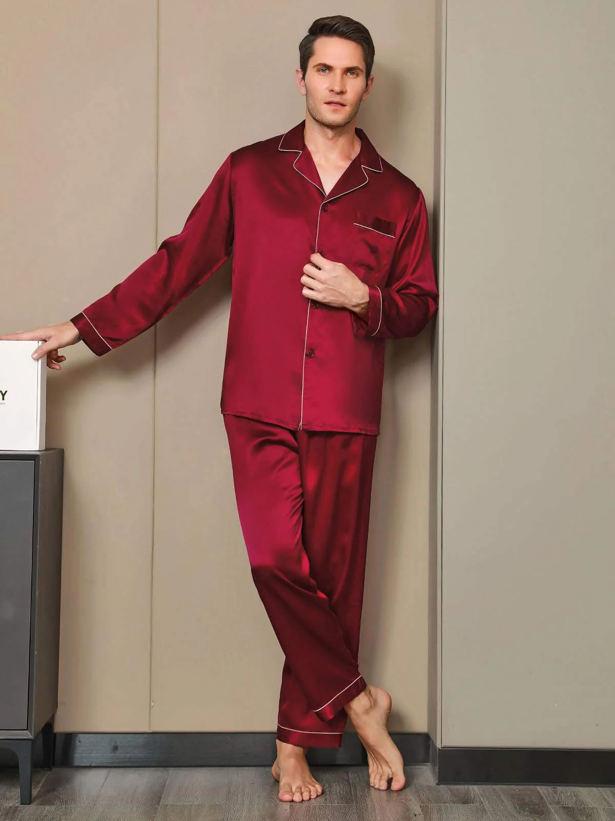 100% Mulberry Silk Long Sleeve Men's Pajamas Set - Image 13