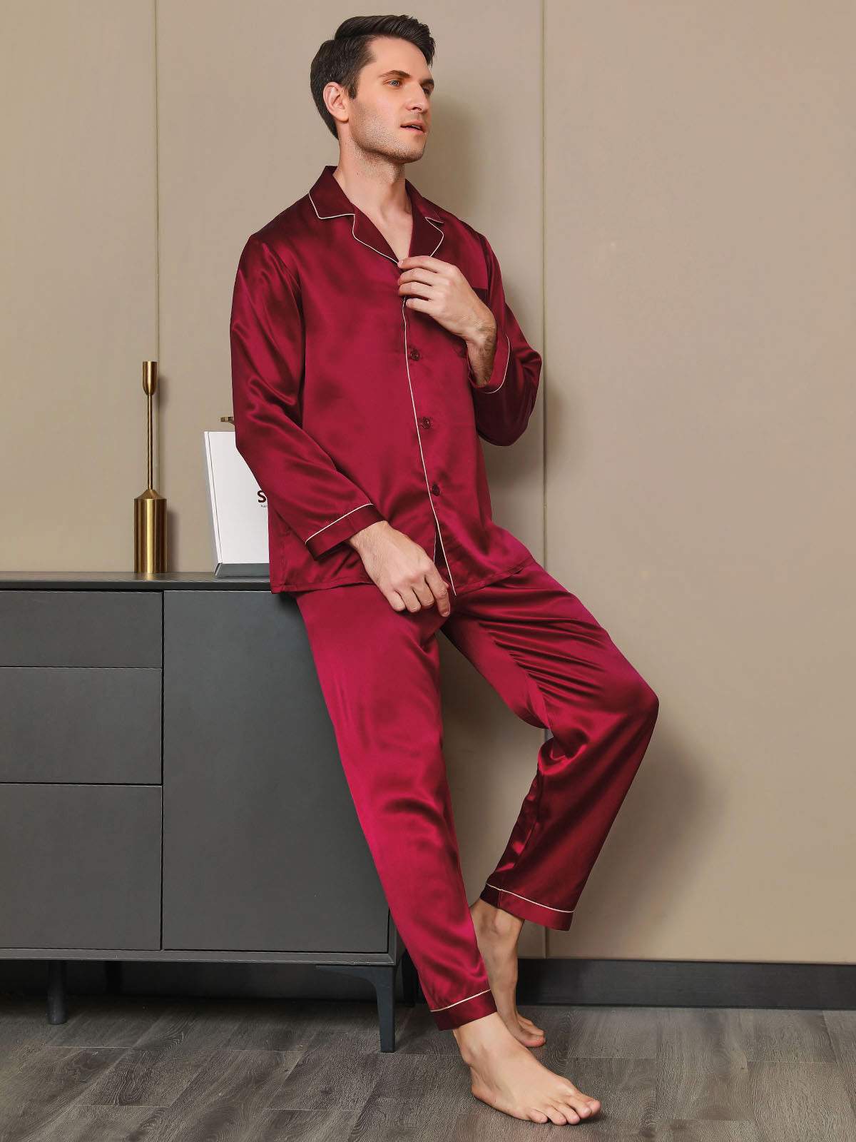 100% Mulberry Silk Long Sleeve Men's Pajamas Set - Image 15