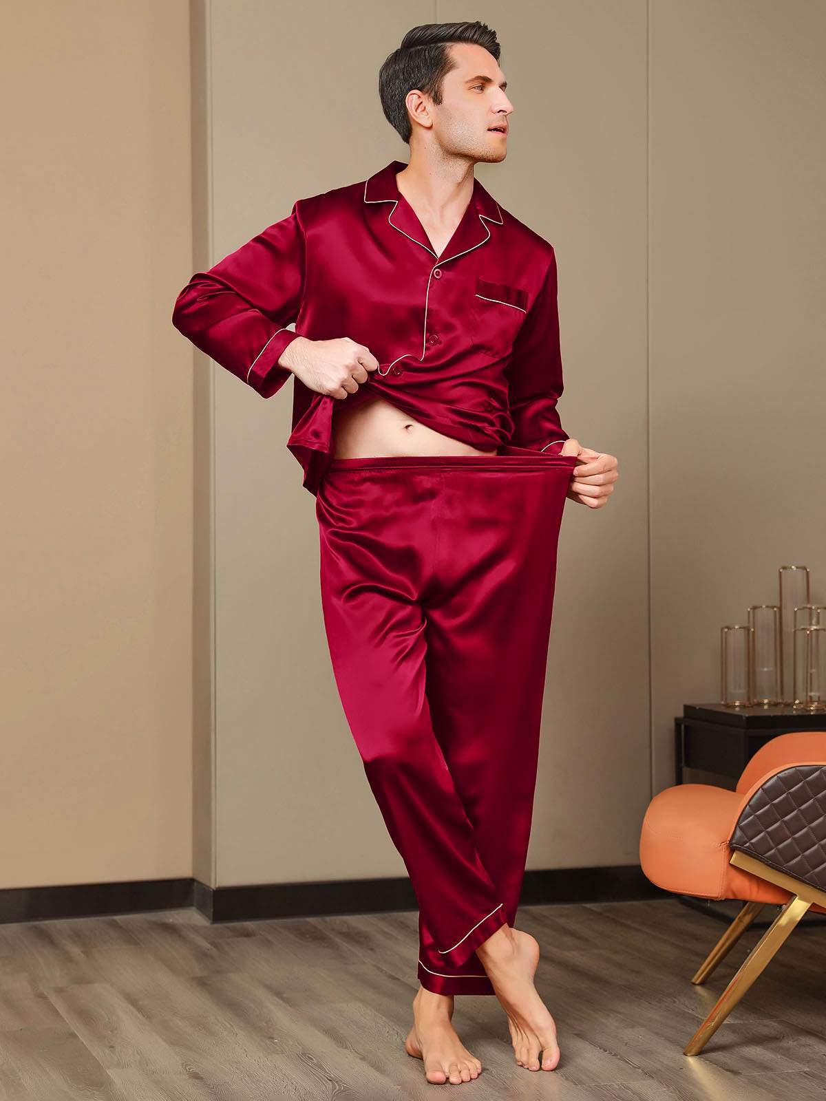 100% Mulberry Silk Long Sleeve Men's Pajamas Set - Image 17