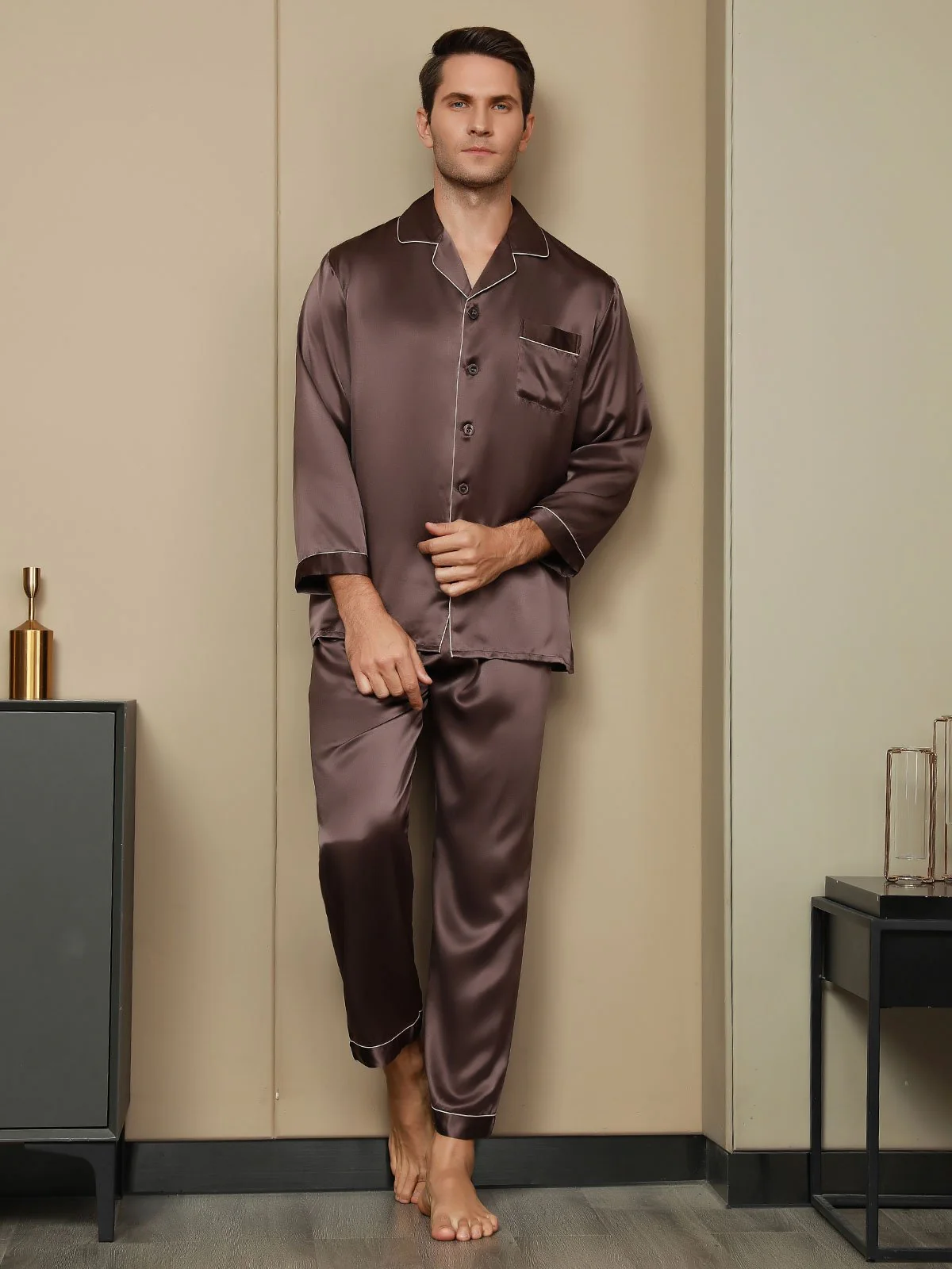 100% Mulberry Silk Long Sleeve Men's Pajamas Set - Image 20