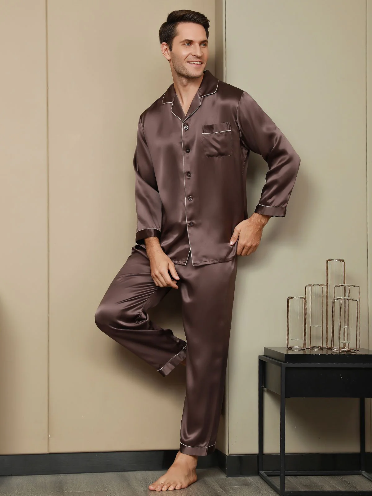 100% Mulberry Silk Long Sleeve Men's Pajamas Set - Image 22
