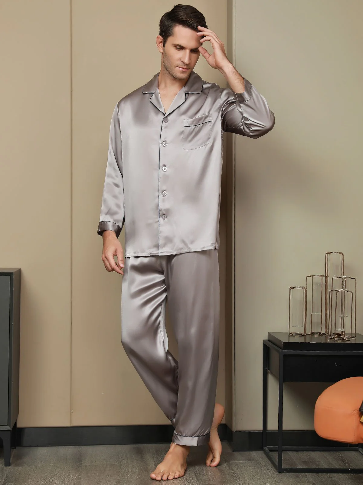 100% Mulberry Silk Long Sleeve Men's Pajamas Set - Image 27