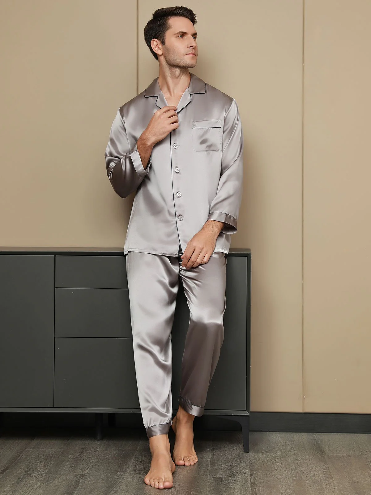 100% Mulberry Silk Long Sleeve Men's Pajamas Set - Image 29