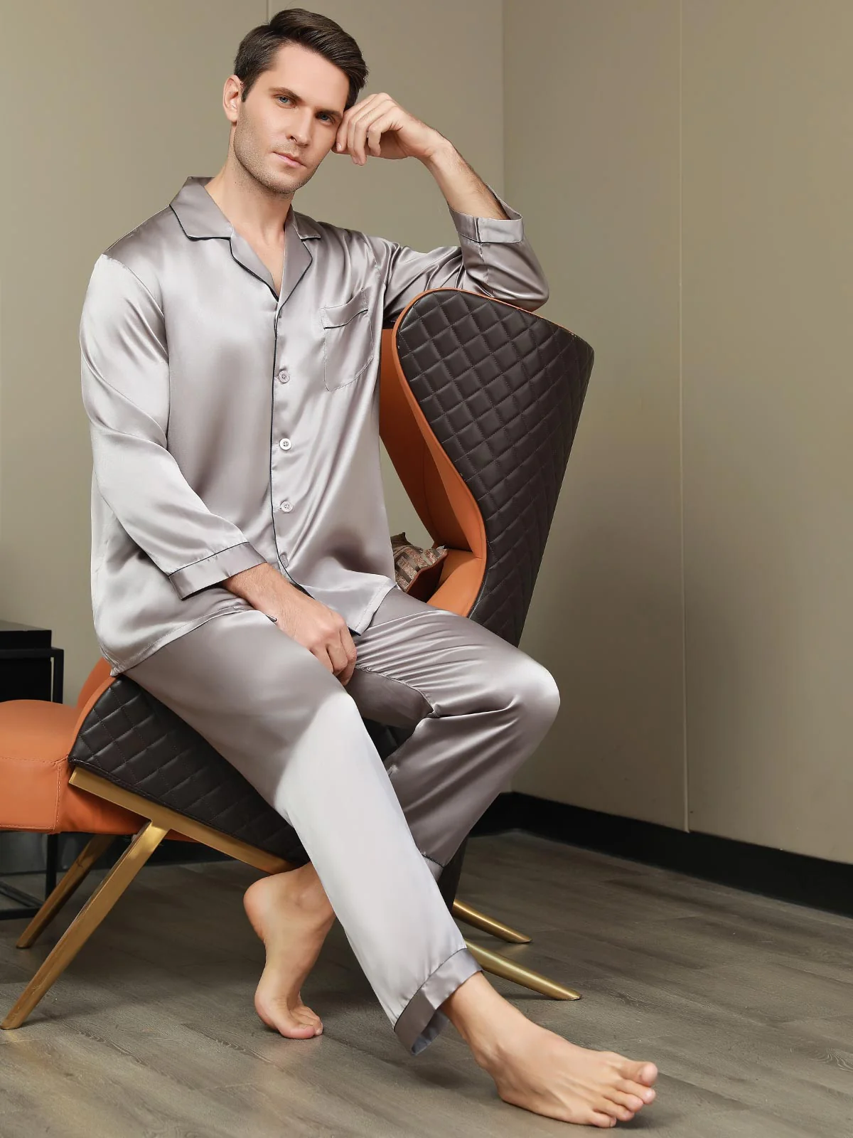 100% Mulberry Silk Long Sleeve Men's Pajamas Set - Image 32