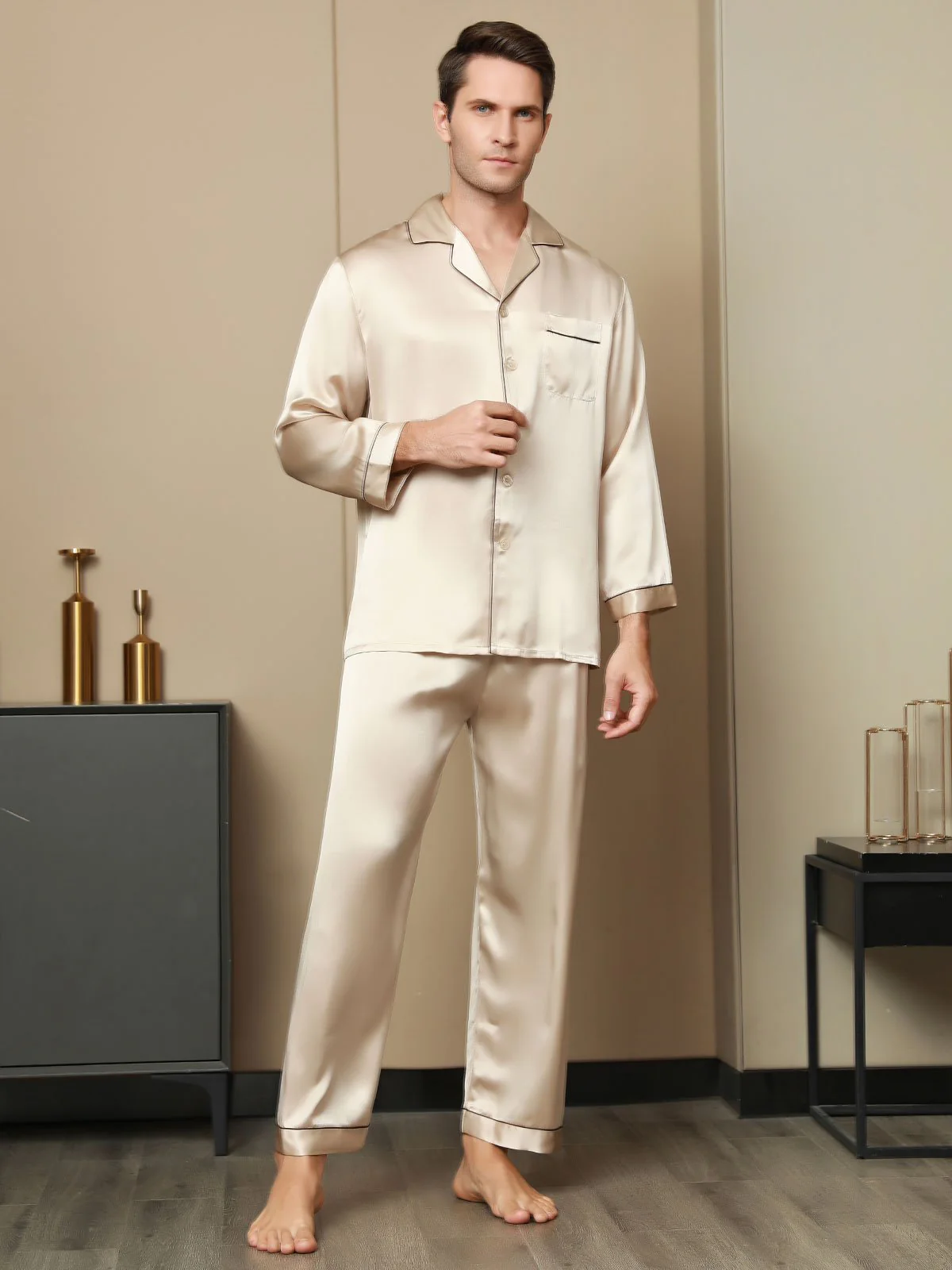 Clearance - 100% Mulberry Silk Long Sleeve Men's Pajamas Set - Image 3