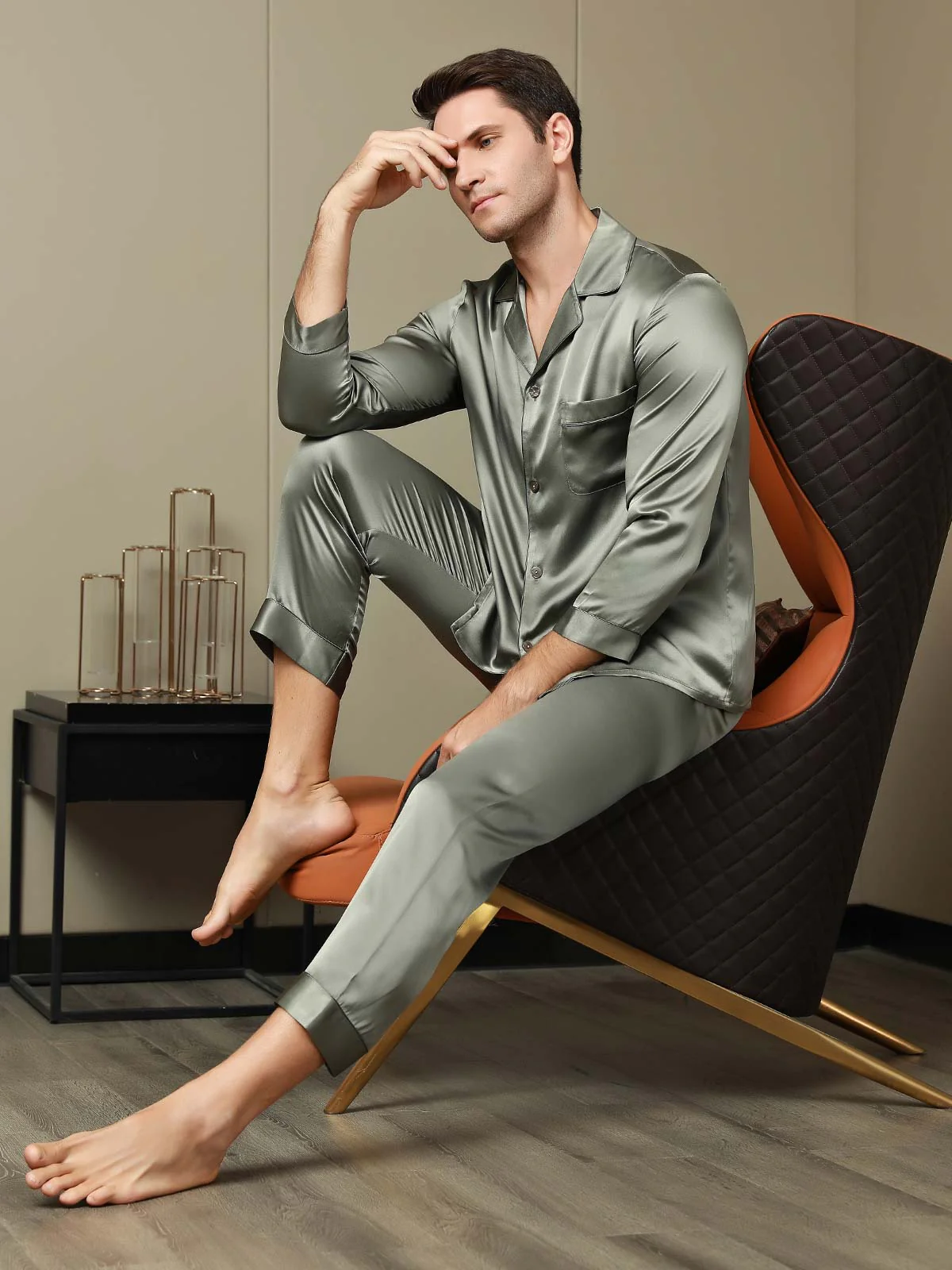 Men's 100% Mulberry Silk Long Sleeve Lapel Collar Pajamas Set - Image 5
