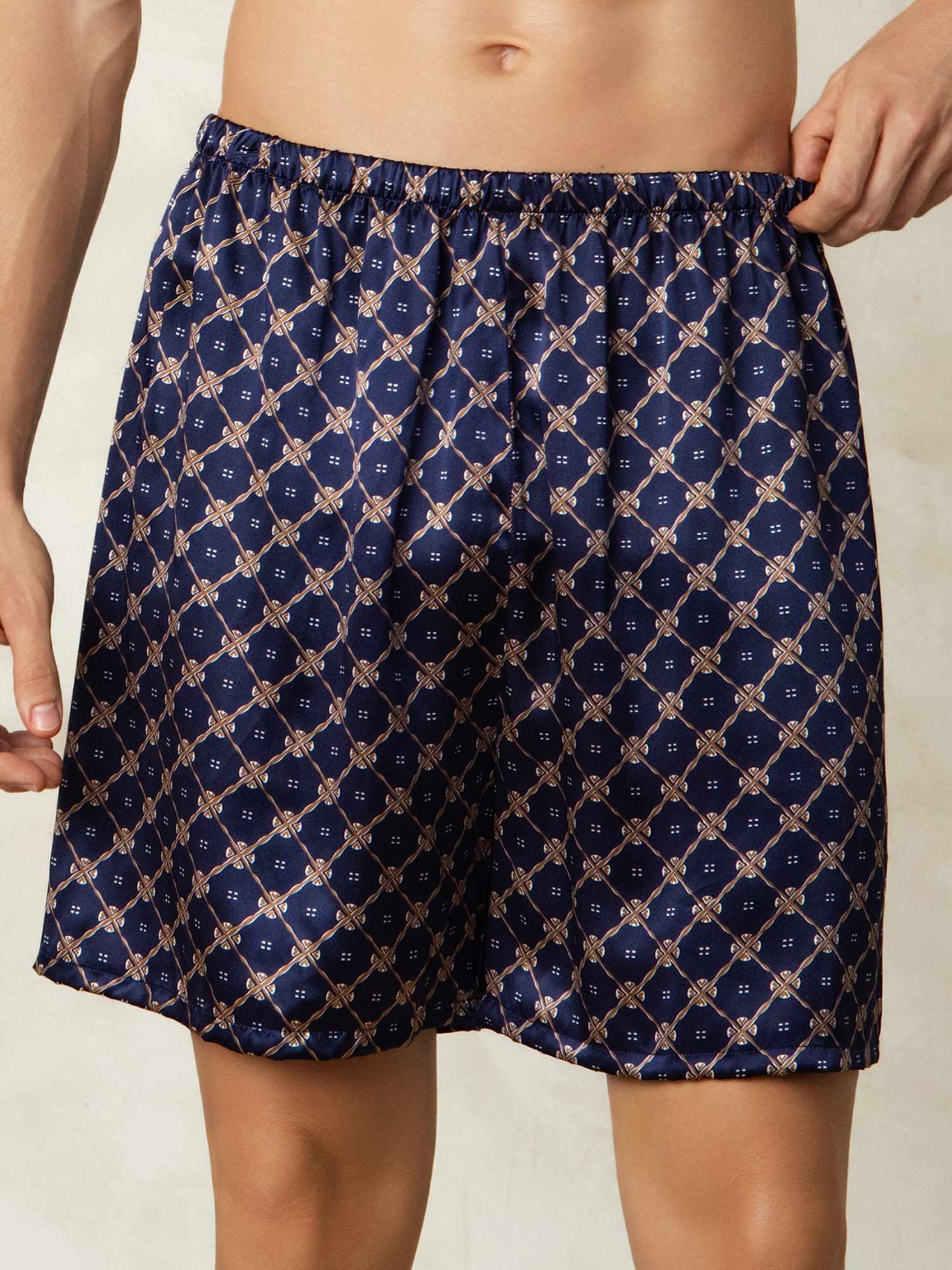 100% Mulberry Silk Navy Chain Print Elastic Waist Men's Sleep Shorts - Image 3
