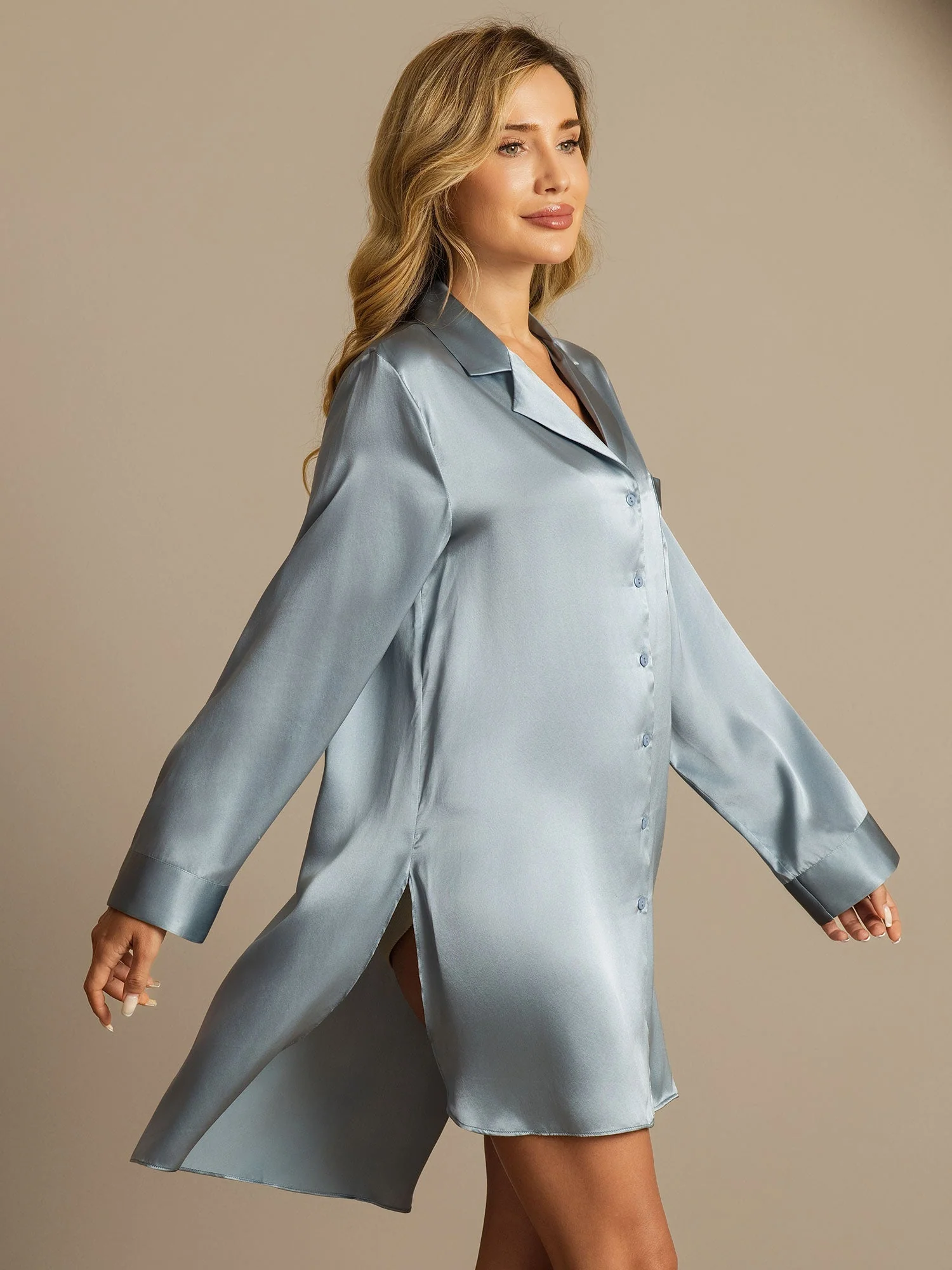 Women's 100% Mulberry Silk Nightshirt with High-Low Hem - Image 30