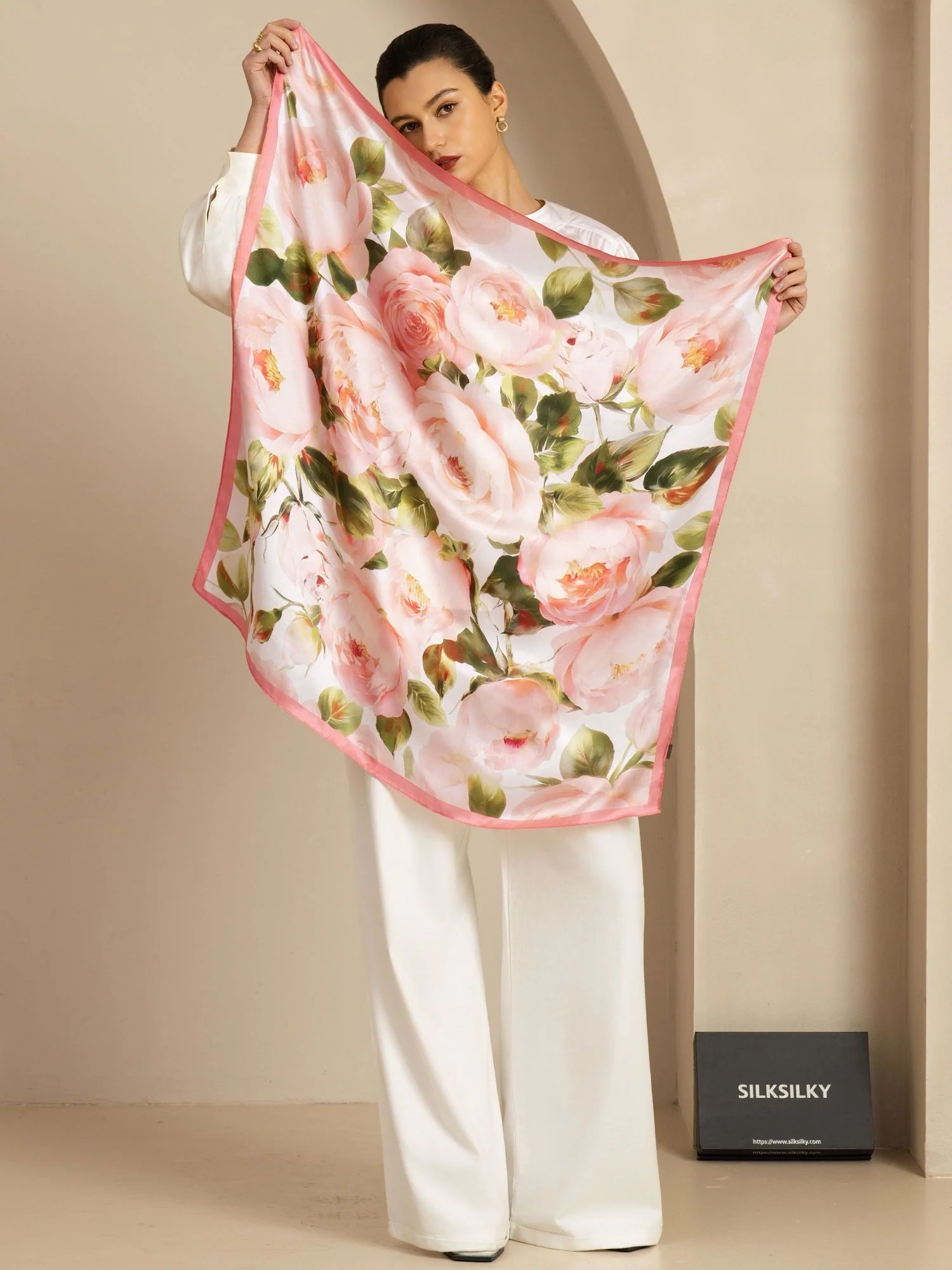 100% Mulberry Silk Pink Floral Print Square Scarf - Size 90x90cm - Image 2