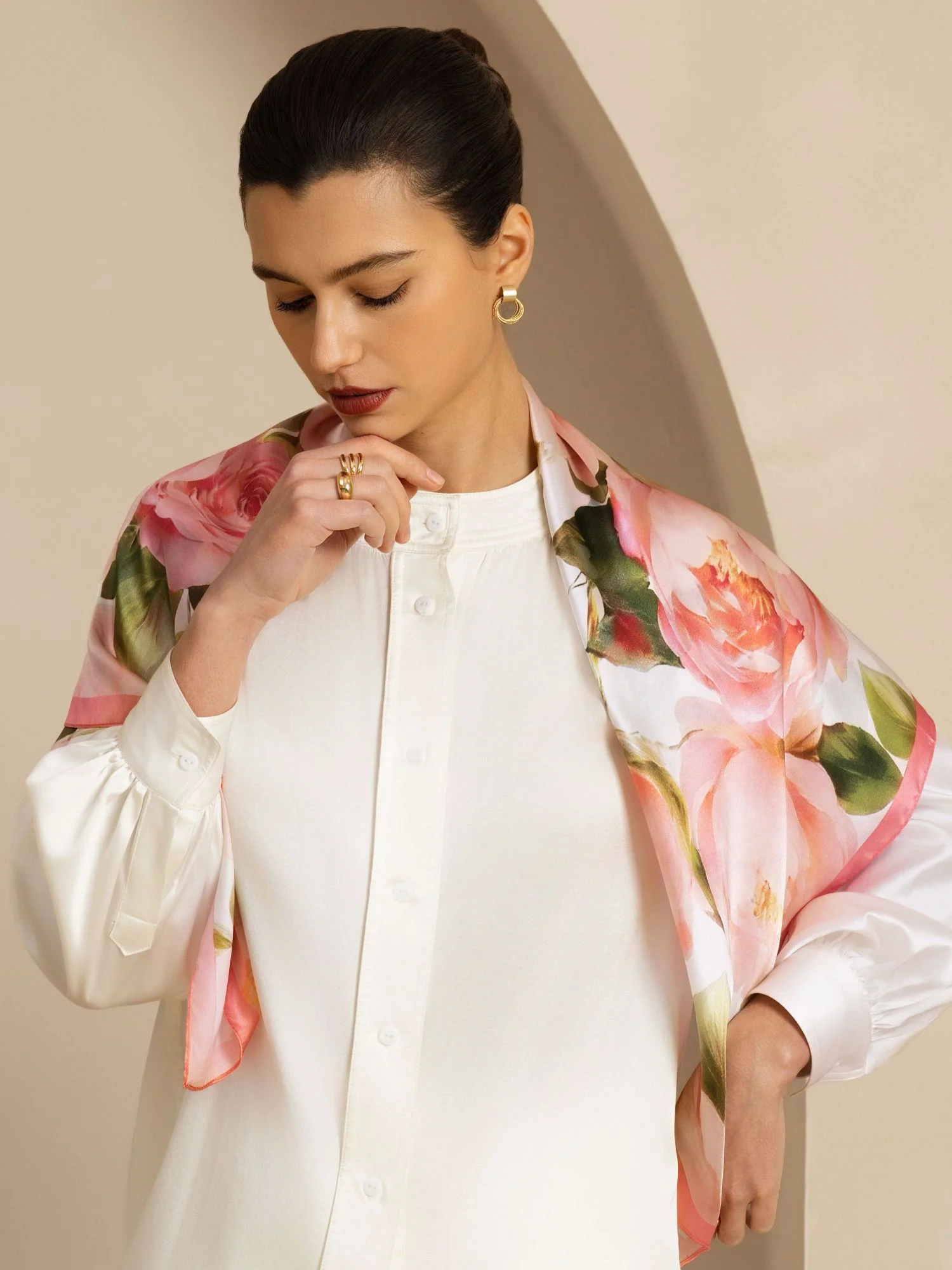 100% Mulberry Silk Pink Floral Print Square Scarf - Size 90x90cm - Image 4