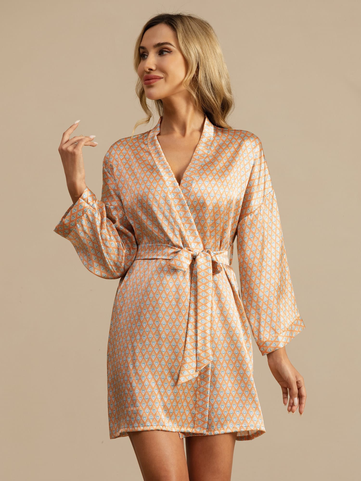 100% Mulberry Silk Women’s  Long Sleeve  Heart Geo Printed Short Belted Robe - Image 7