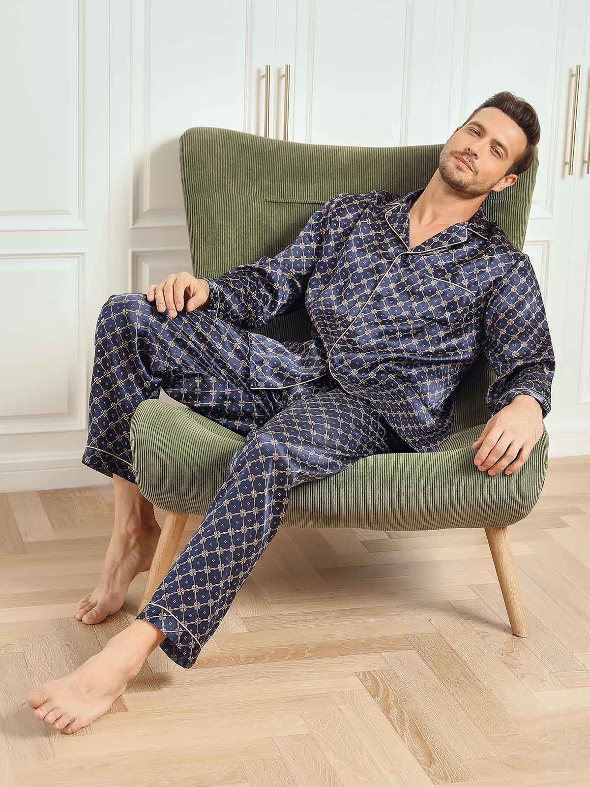 100% Mulberry Silk Navy Chain Print Long Sleeve Men's Pajamas Set With Pants - Image 7