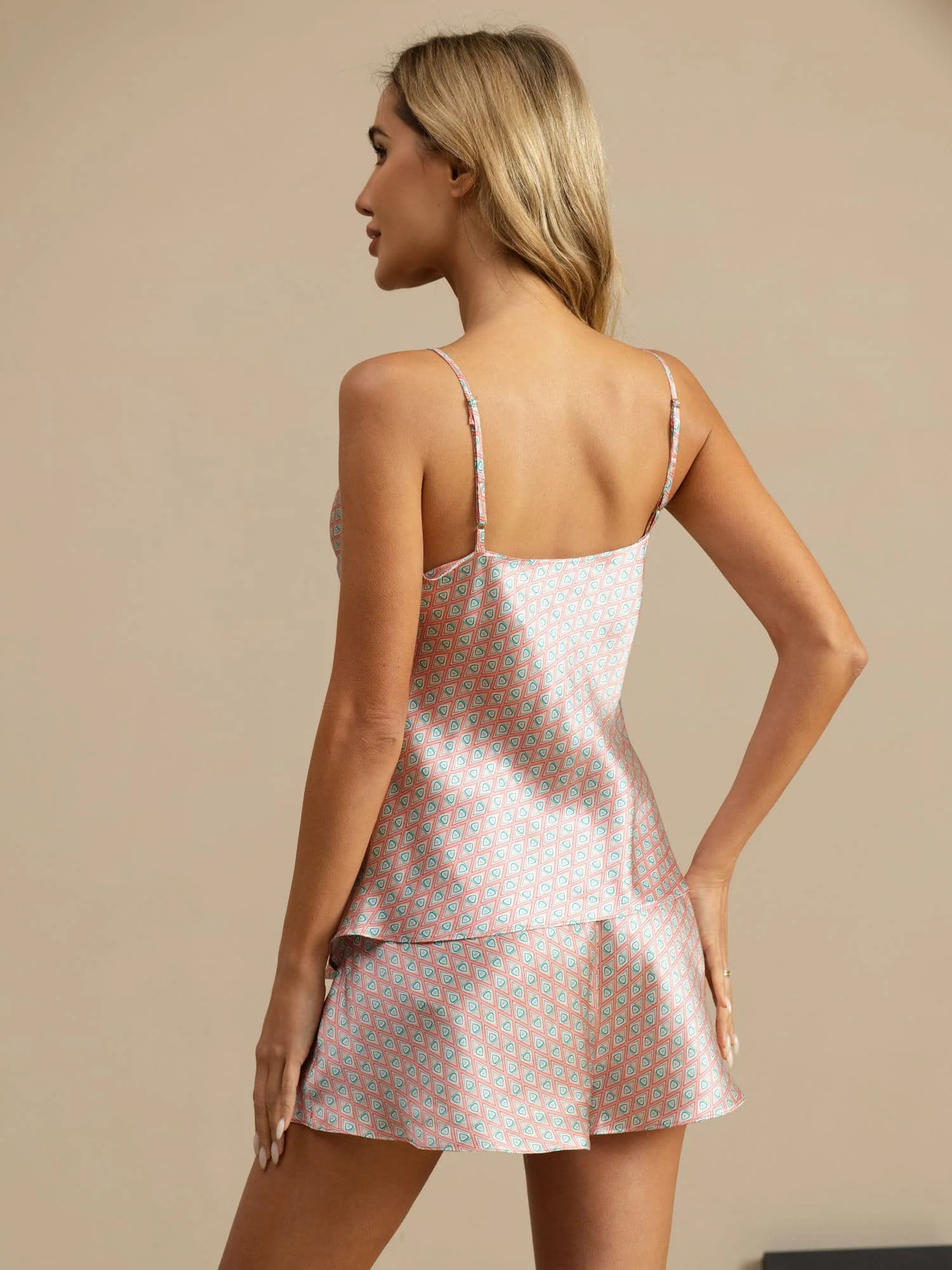 100% Mulberry Silk Geometric Print Spaghetti Strap V Neck Camisole Set - Image 7