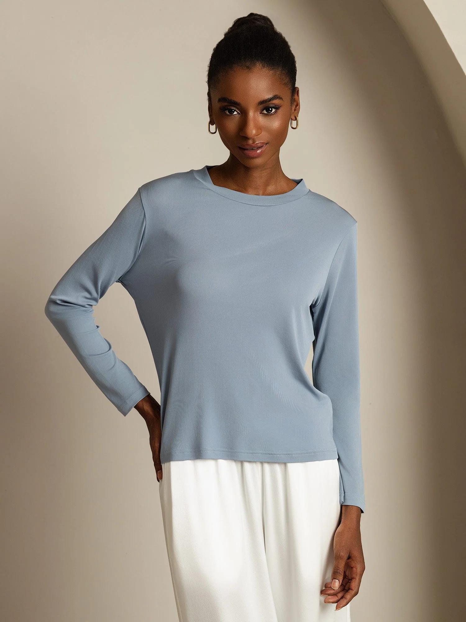 100% Mulberry Silk Long Sleeve Round Neck Women's Top - Image 3