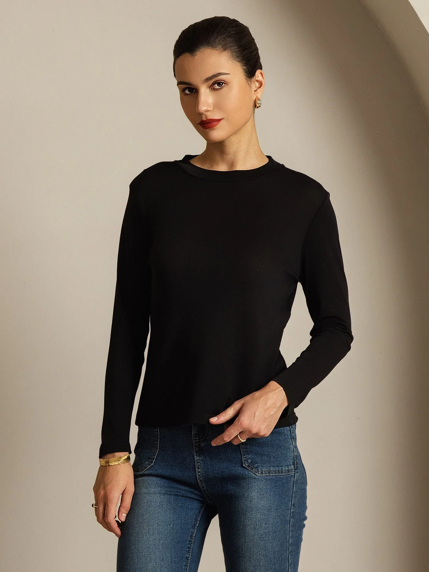 Women's 100% Mulberry Silk Long Sleeve Crew Neck Top - Image 10
