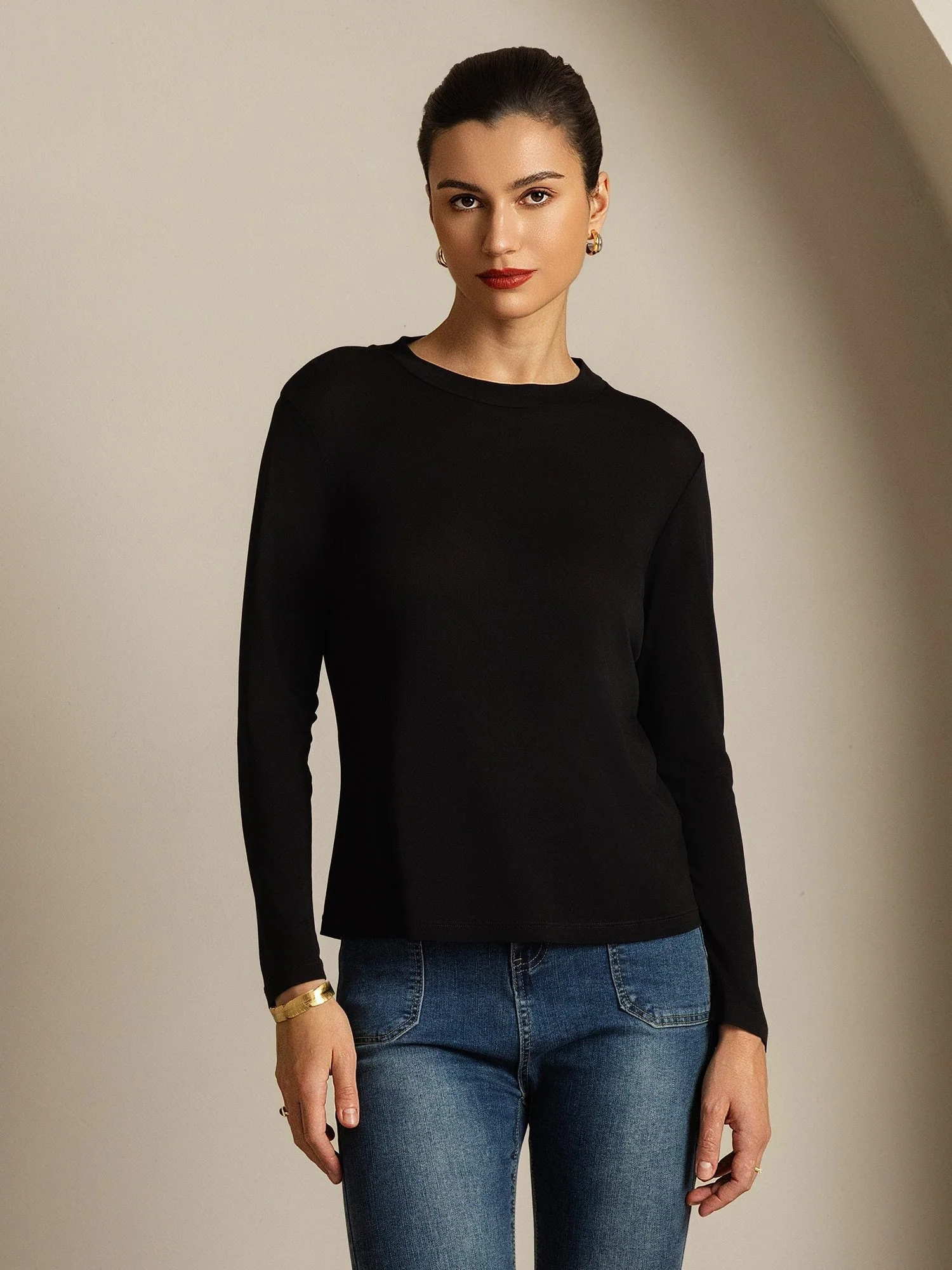 Women's 100% Mulberry Silk Long Sleeve Crew Neck Top - Image 14