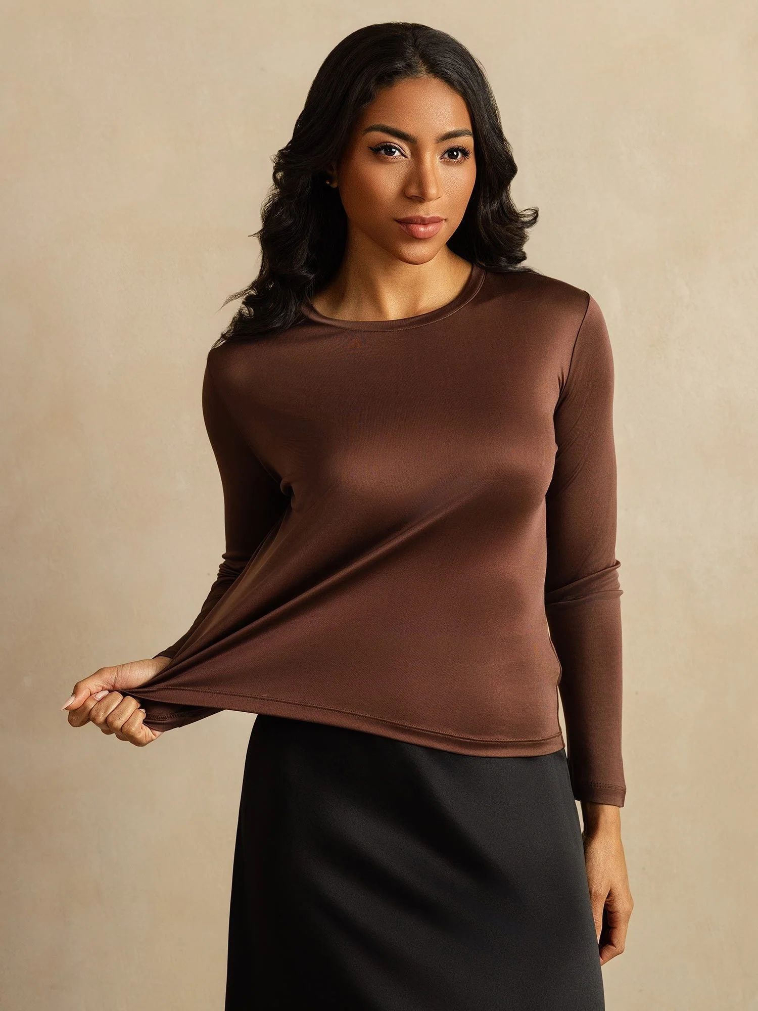 Women's 100% Mulberry Silk Long Sleeve Crew Neck Top - Image 24