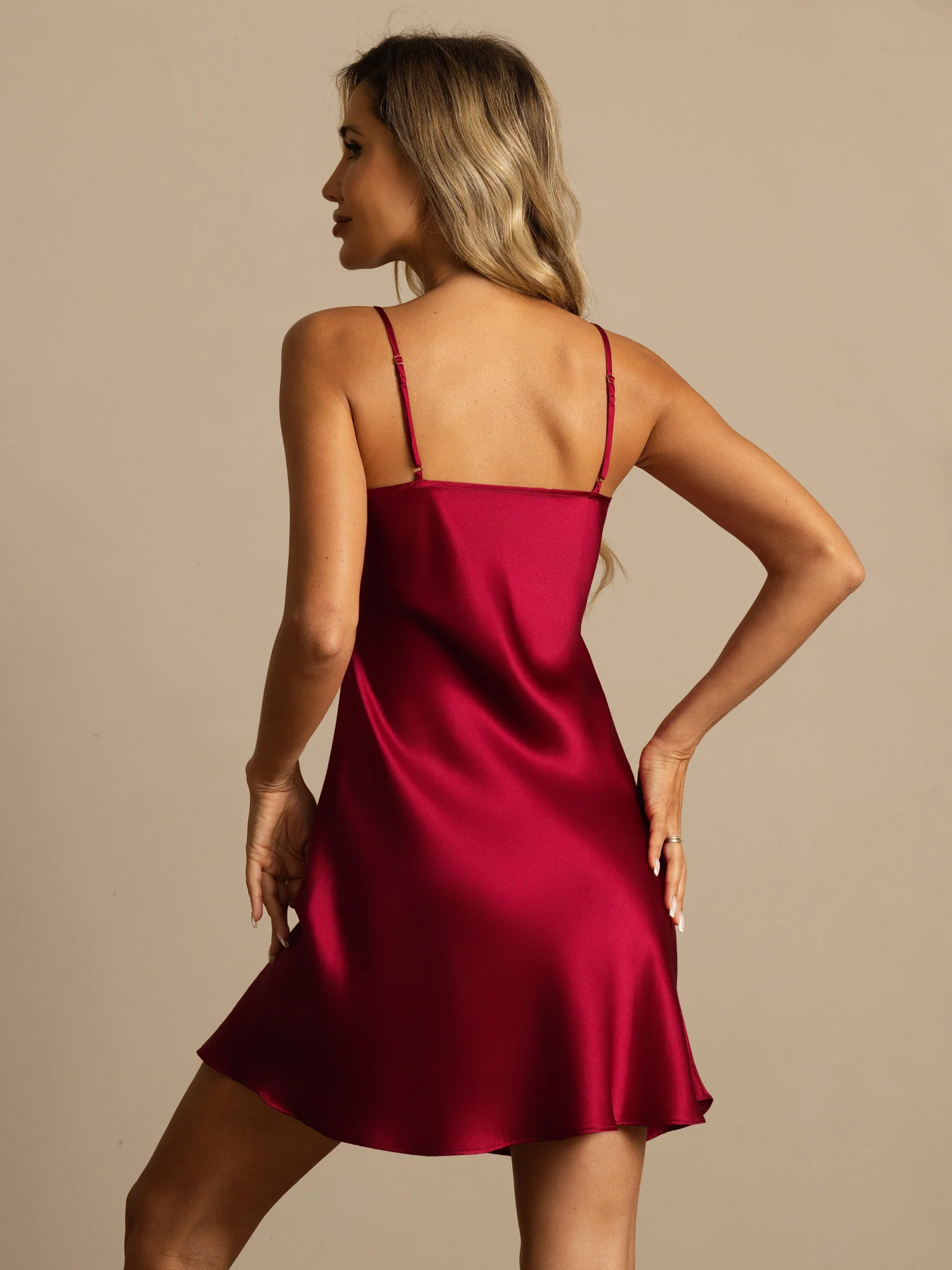 100% Mulberry Silk Spaghetti Strap V-neck Short Nightgown - Image 29