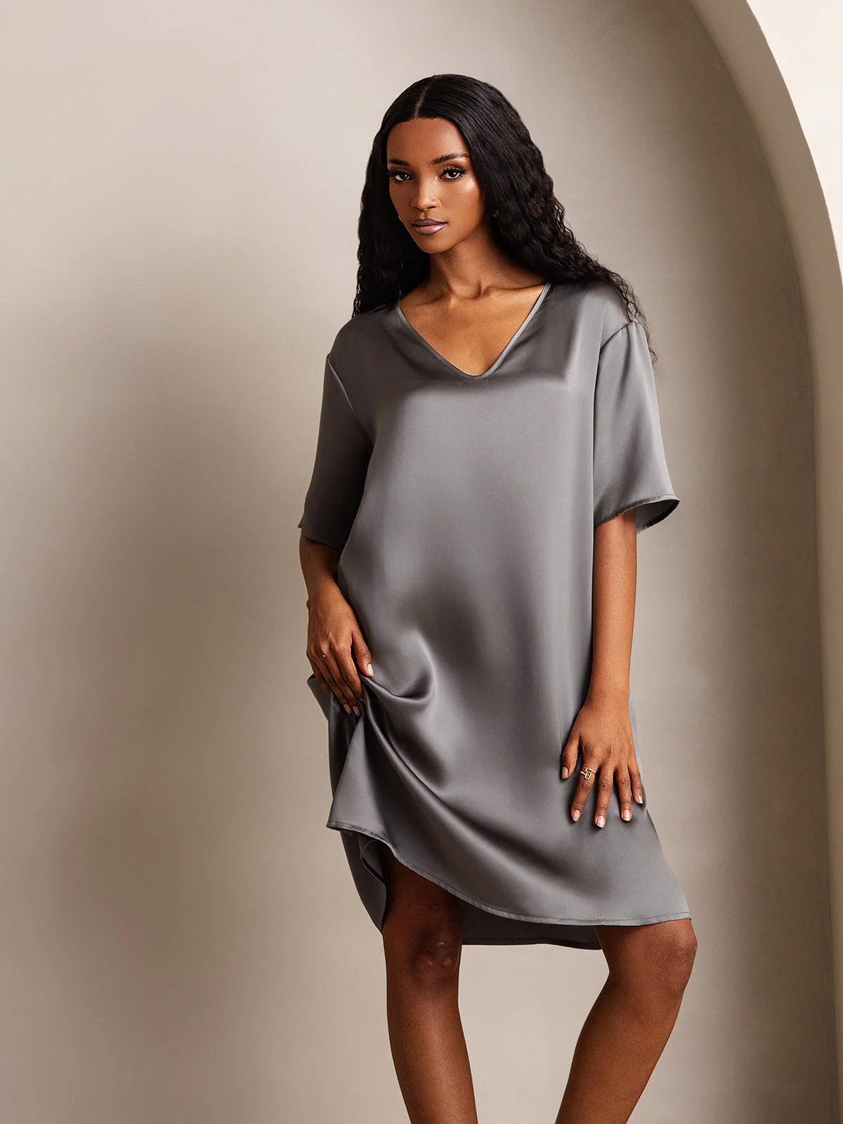 100% Mulberry Silk Half Sleeve V-neck Short Nightgown with Split Design - Image 34