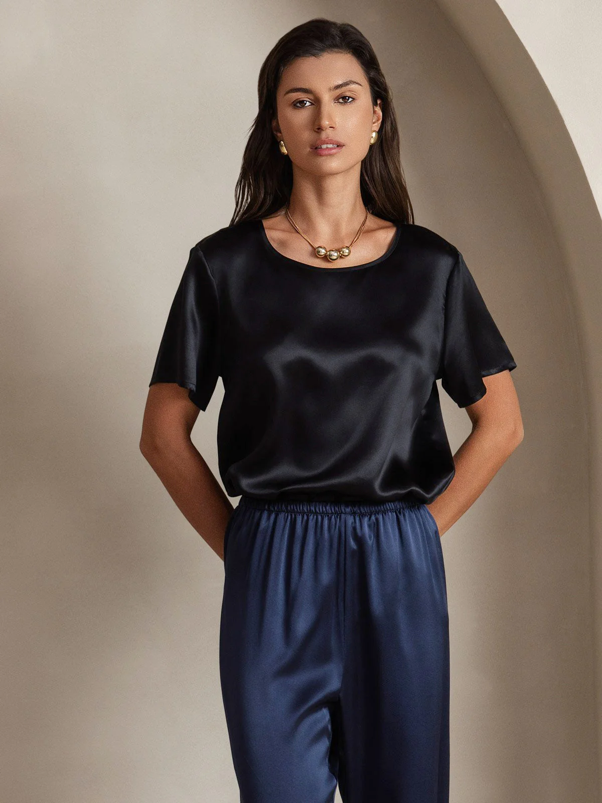 Clearance - Women's Pure Silk Short Sleeve Round Neck T-Shirt - Image 18
