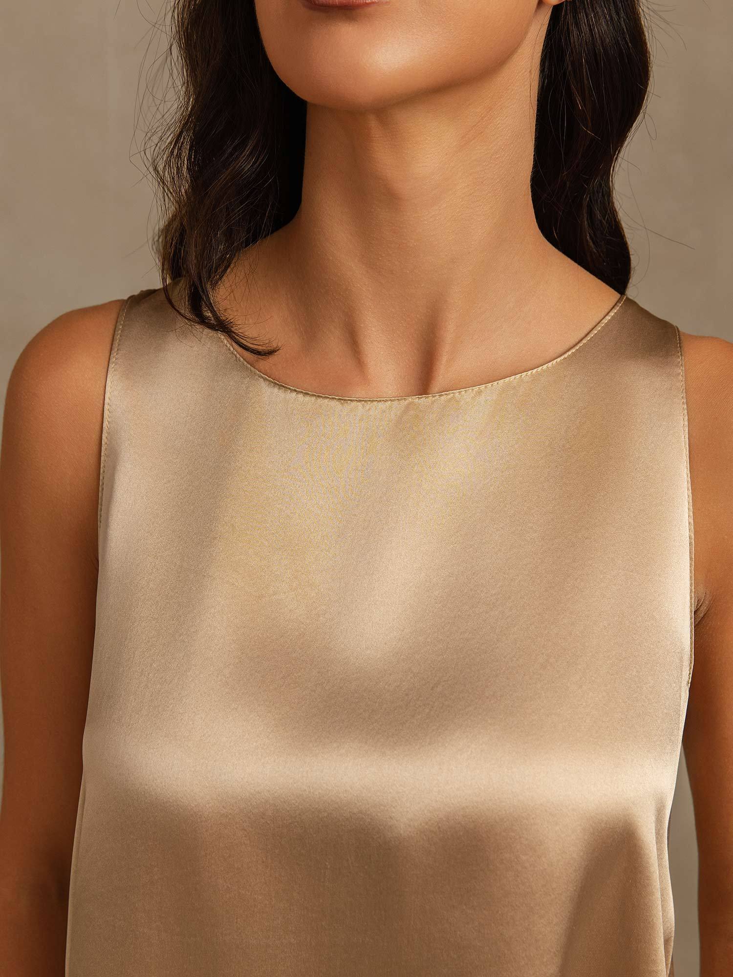 100% Mulberry Silk Sleeveless U-Neck Backless High-low Tank Top & Wide Leg Pants Set - Image 4