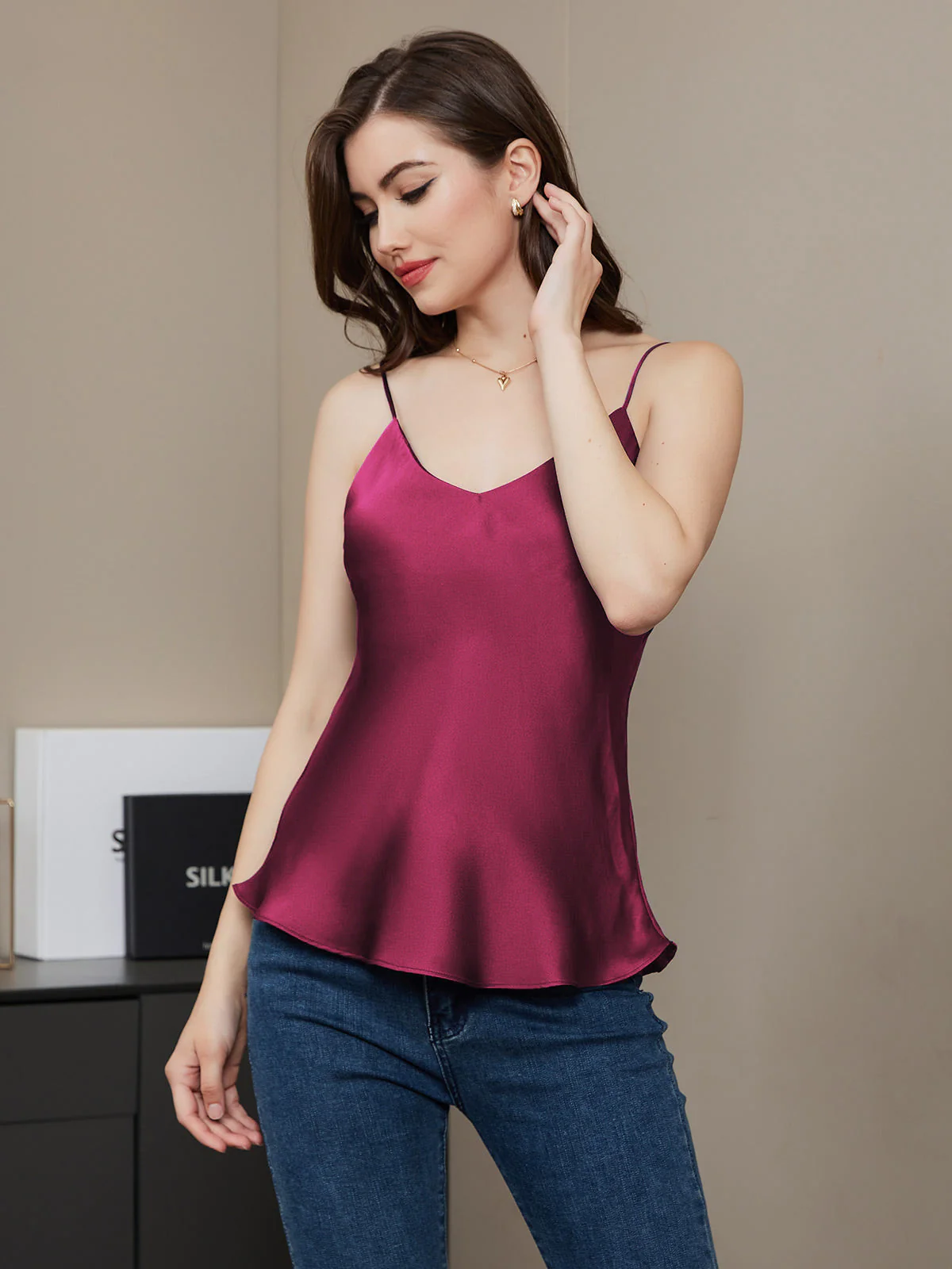 100% Mulberry Silk V Neck Camisole Top - Image 79