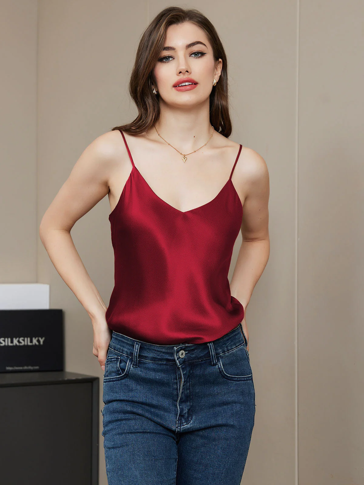 100% Mulberry Silk Spaghetti Strap V Neck Camisole Top - Image 69