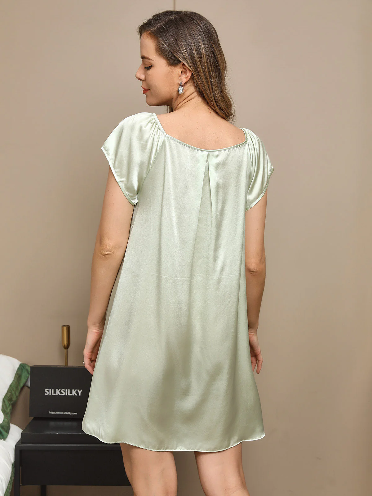 100% Mulberry Silk Cap Sleeve Square Neck Babydoll Short Nightgown - Image 13