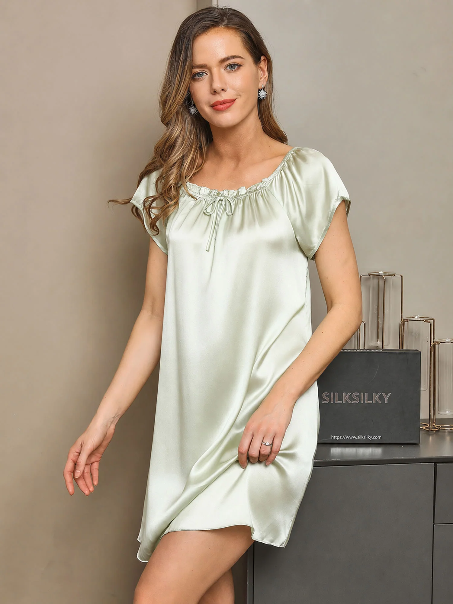100% Mulberry Silk Cap Sleeve Square Neck Babydoll Short Nightgown - Image 15