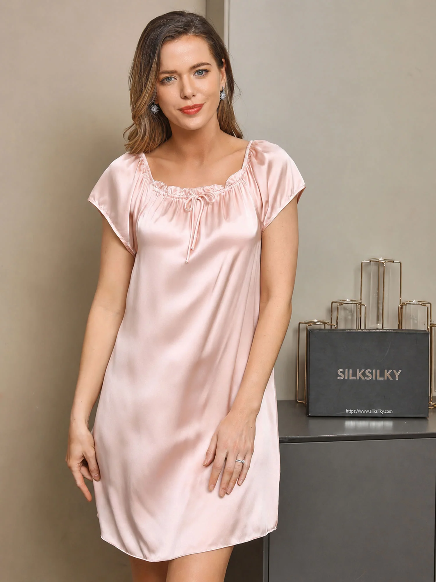 100% Mulberry Silk Cap Sleeve Square Neck Babydoll Short Nightgown - Image 5