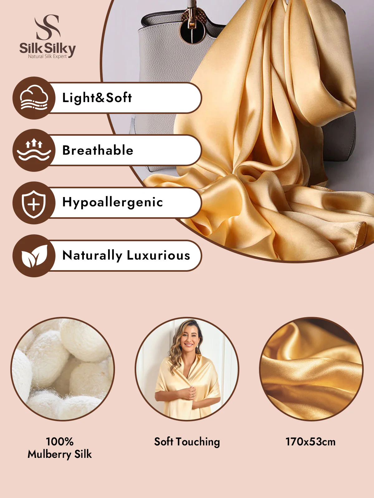 100% Mulberry Silk Long Scarf/Shawl 170x53cm/67 - Image 43