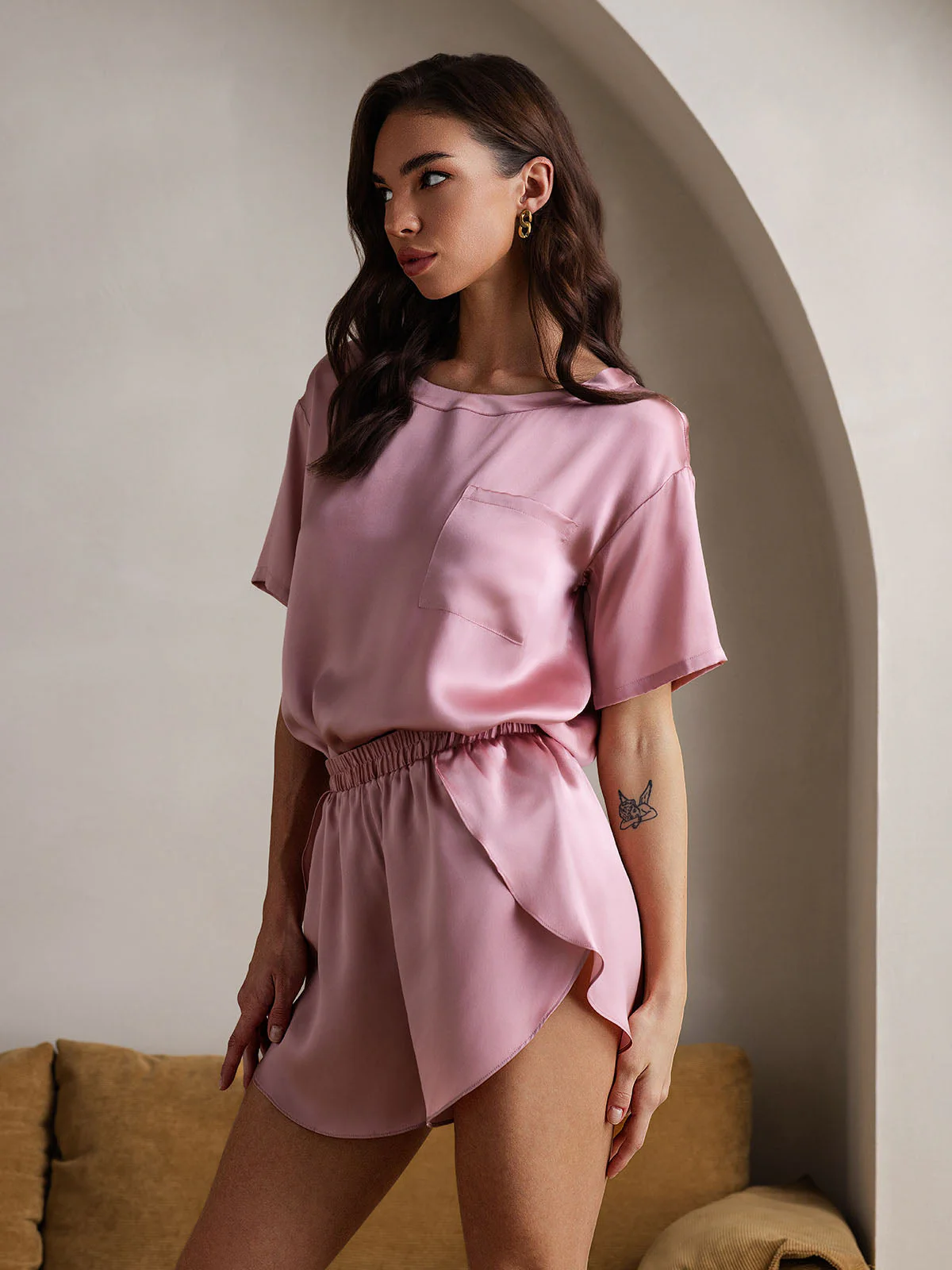 100% Mulberry Silk Short Sleeve Round Neck Women's Pajamas Set - Image 12