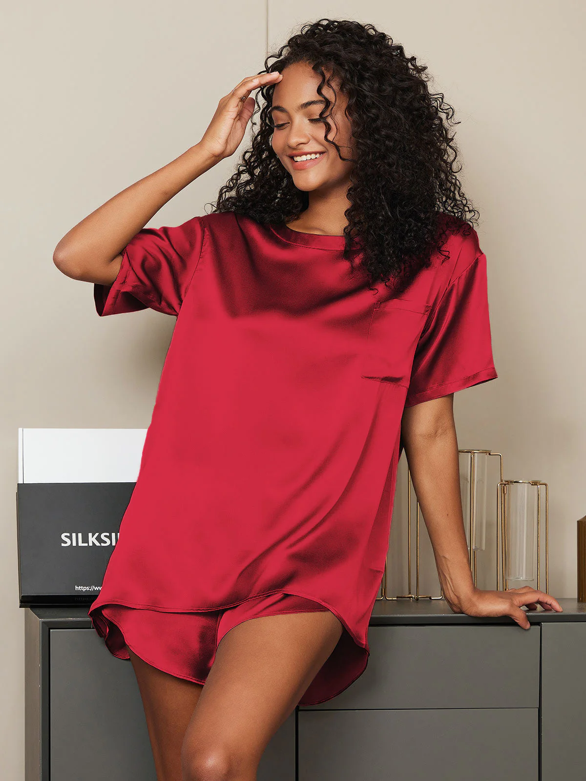 100% Mulberry Silk Short Sleeve Round Neck Women's Pajamas Set - Image 58