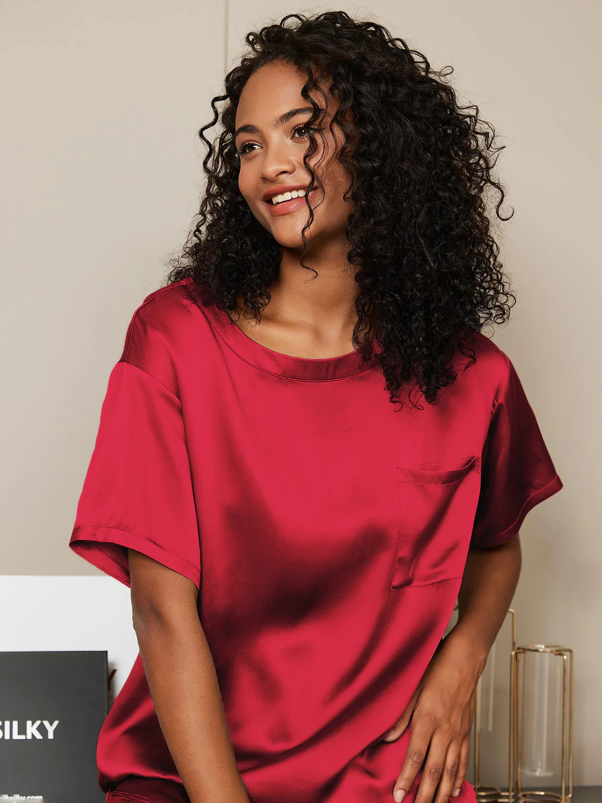 100% Mulberry Silk Short Sleeve Round Neck Women's Pajamas Set - Image 61