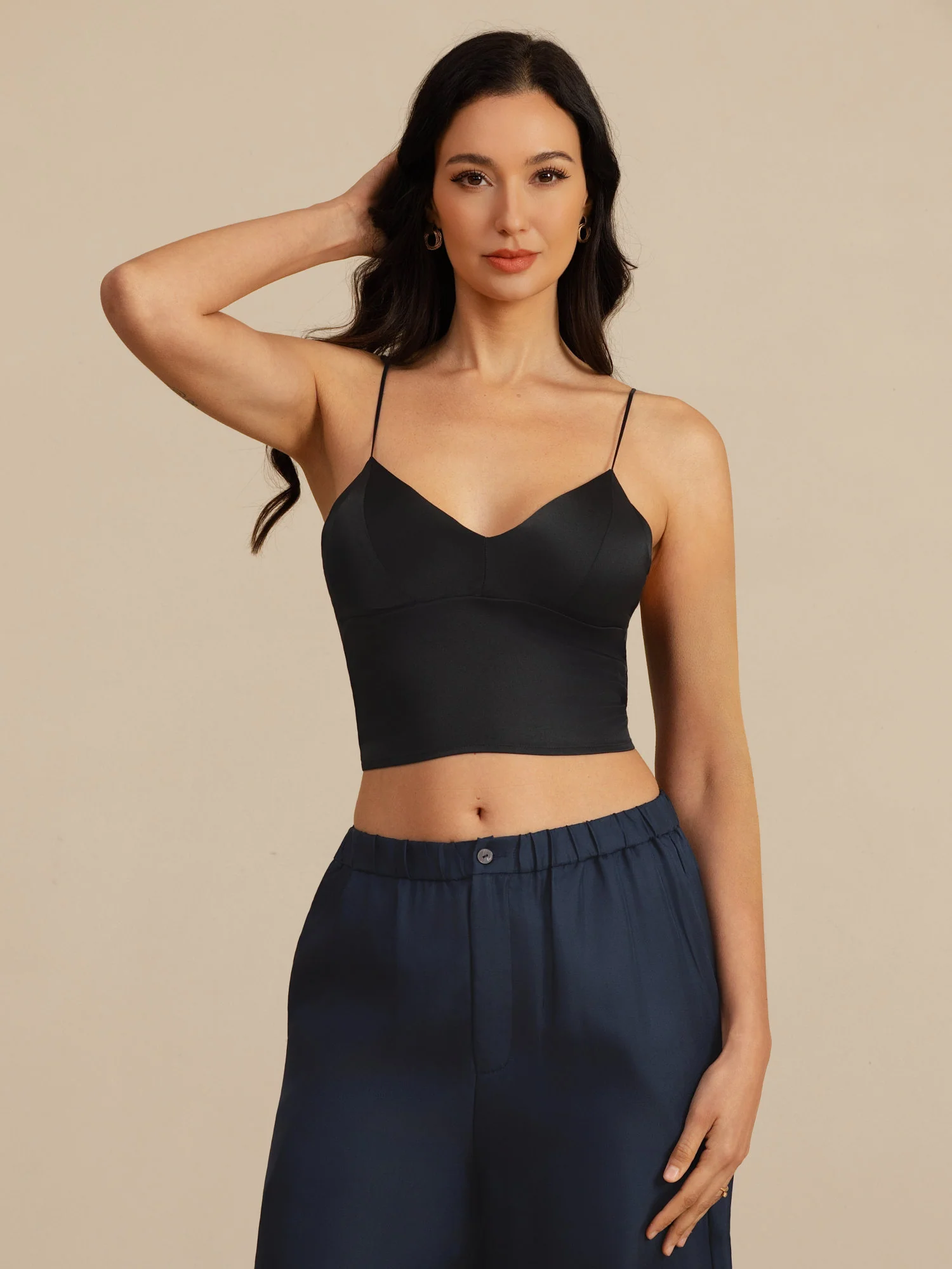 19Momme Silk Crop Top Spaghetti Strap V Neck Camisoles with Built-in Bra - Image 13