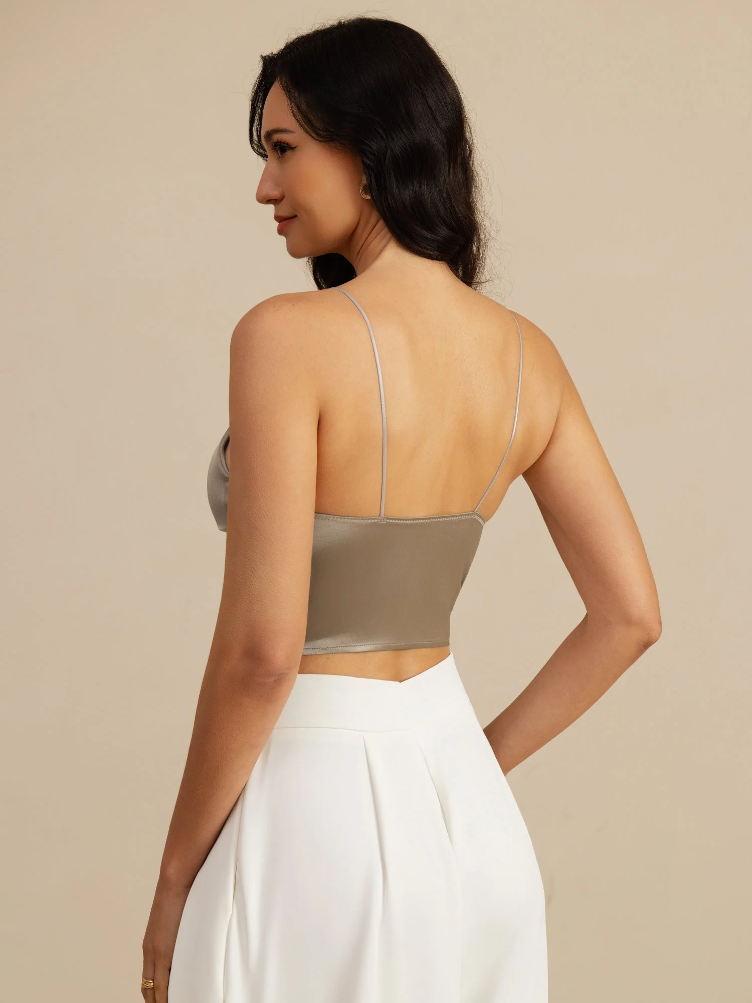 19Momme Silk Crop Top Spaghetti Strap V Neck Camisoles with Built-in Bra - Image 17