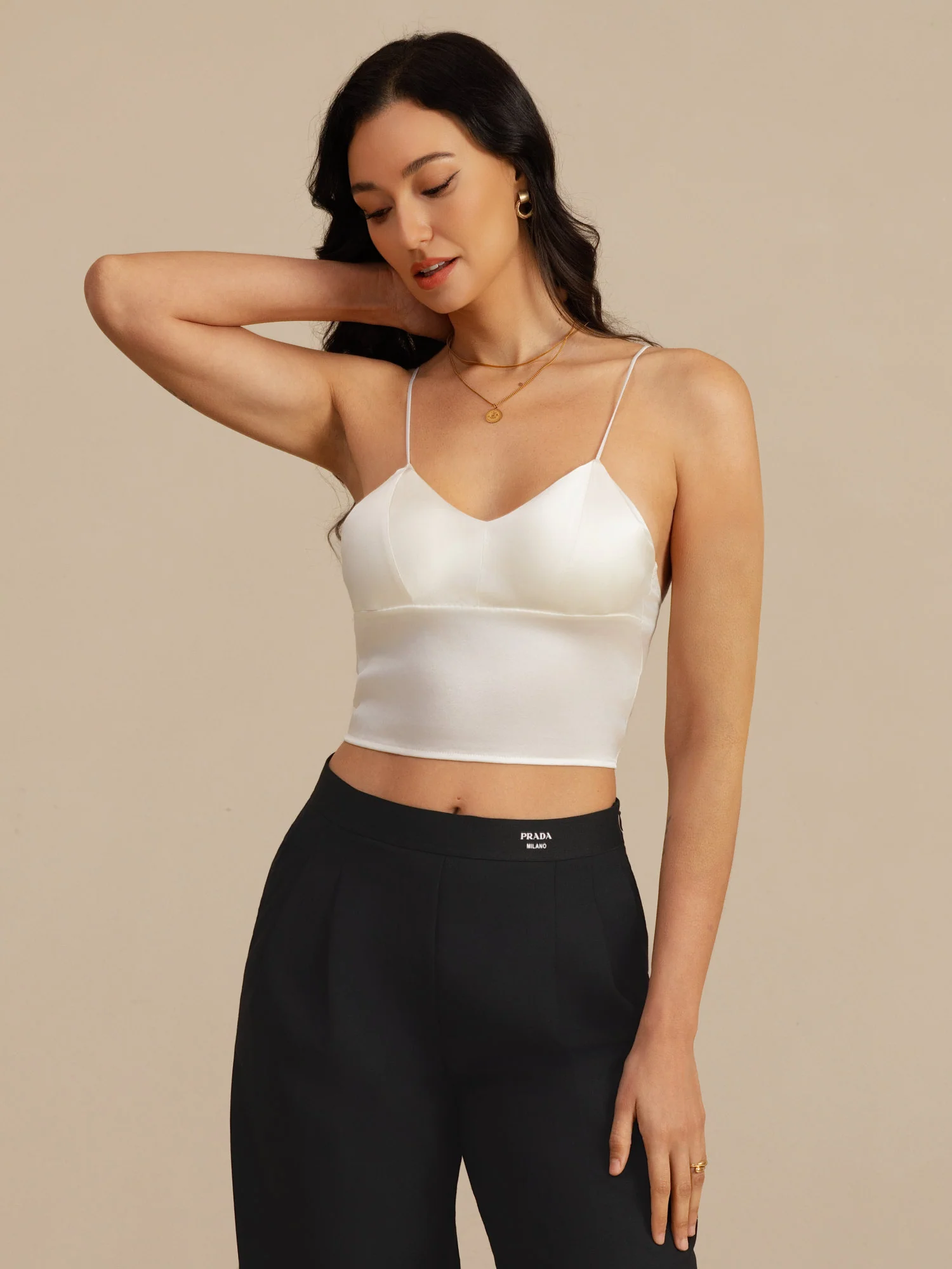 19Momme Silk Crop Top Spaghetti Strap V Neck Camisoles with Built-in Bra - Image 6